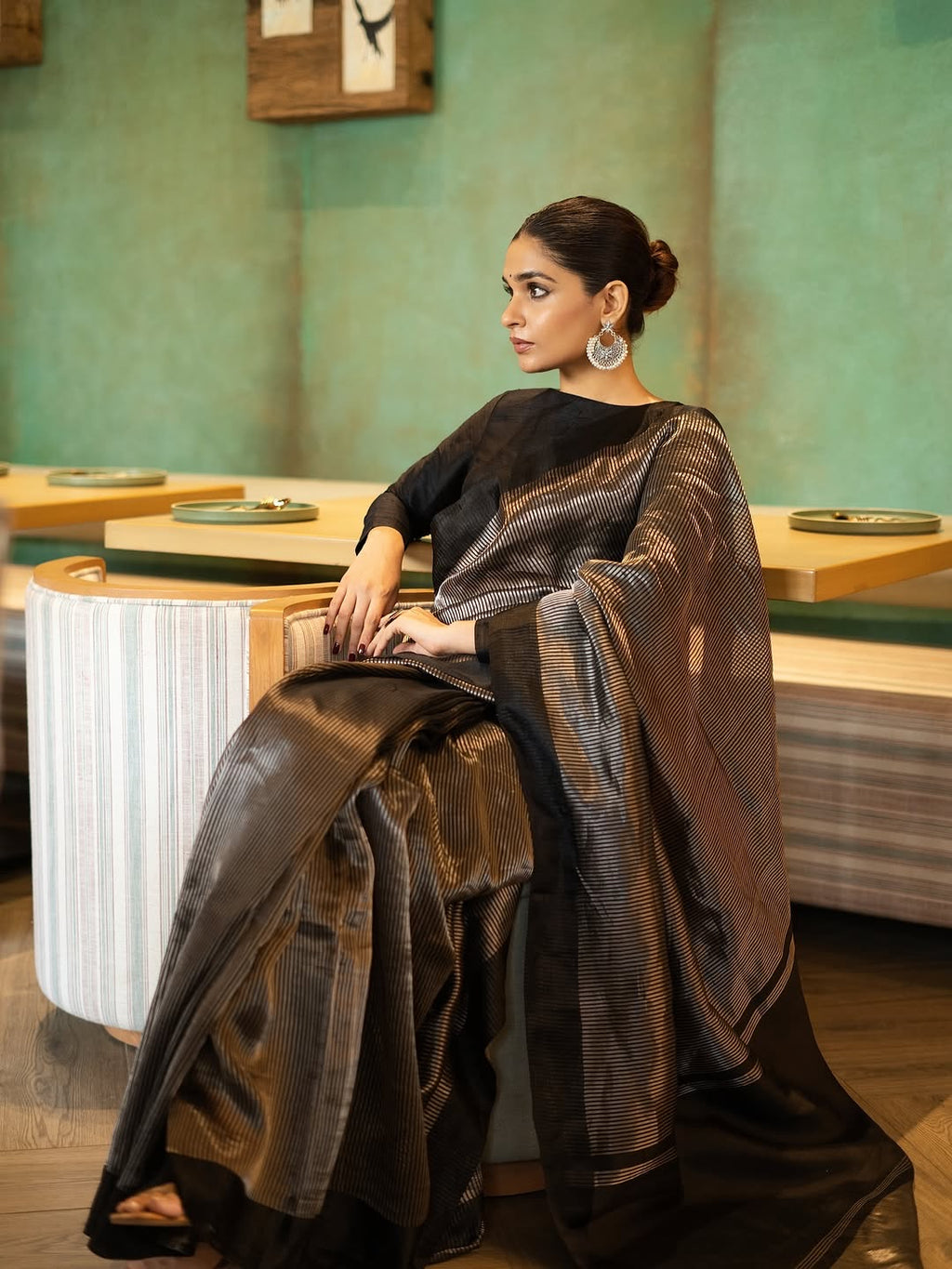 Black Stripe Pure Glass Tissue Silk Banarasi Saree