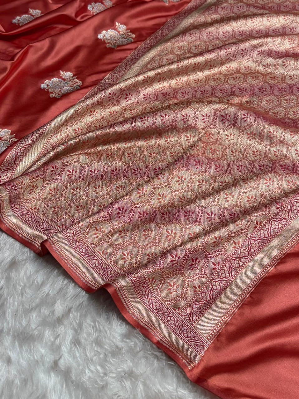 Peach Meenakari Mashru Katan Silk Banarasi Saree
