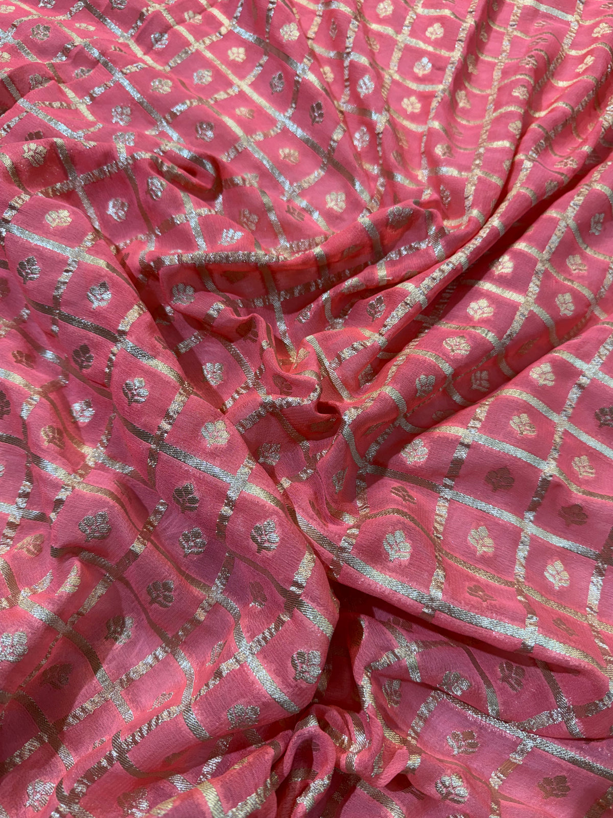 Peach Pure Khaddi Georgette Silk Banarasi Saree