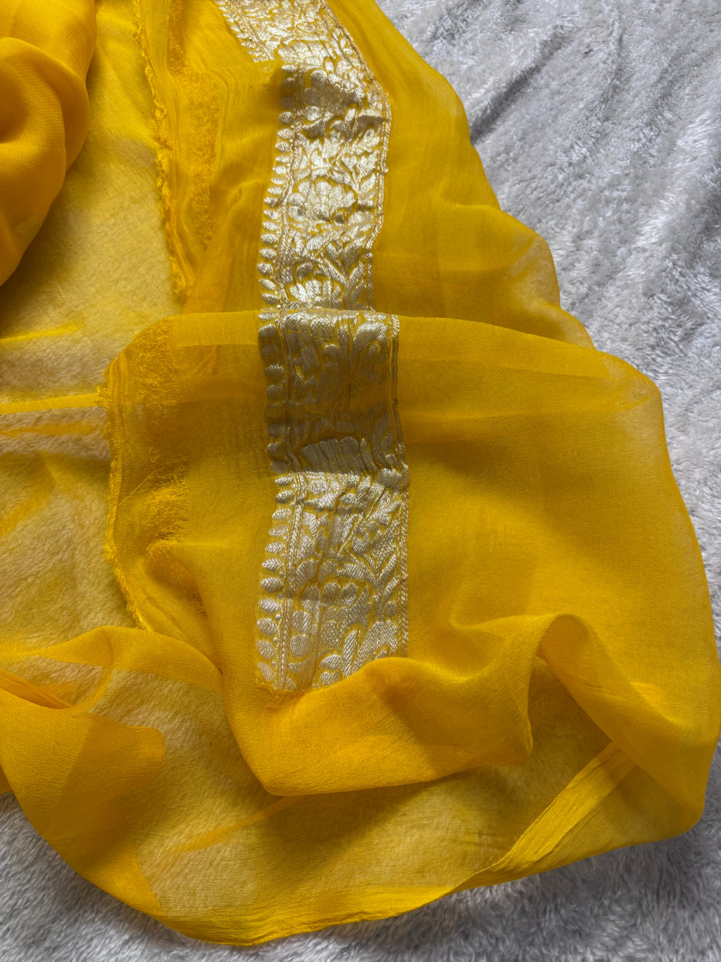 Mustard Yellow Pure Khaddi Chiffon Silk Banarasi Saree