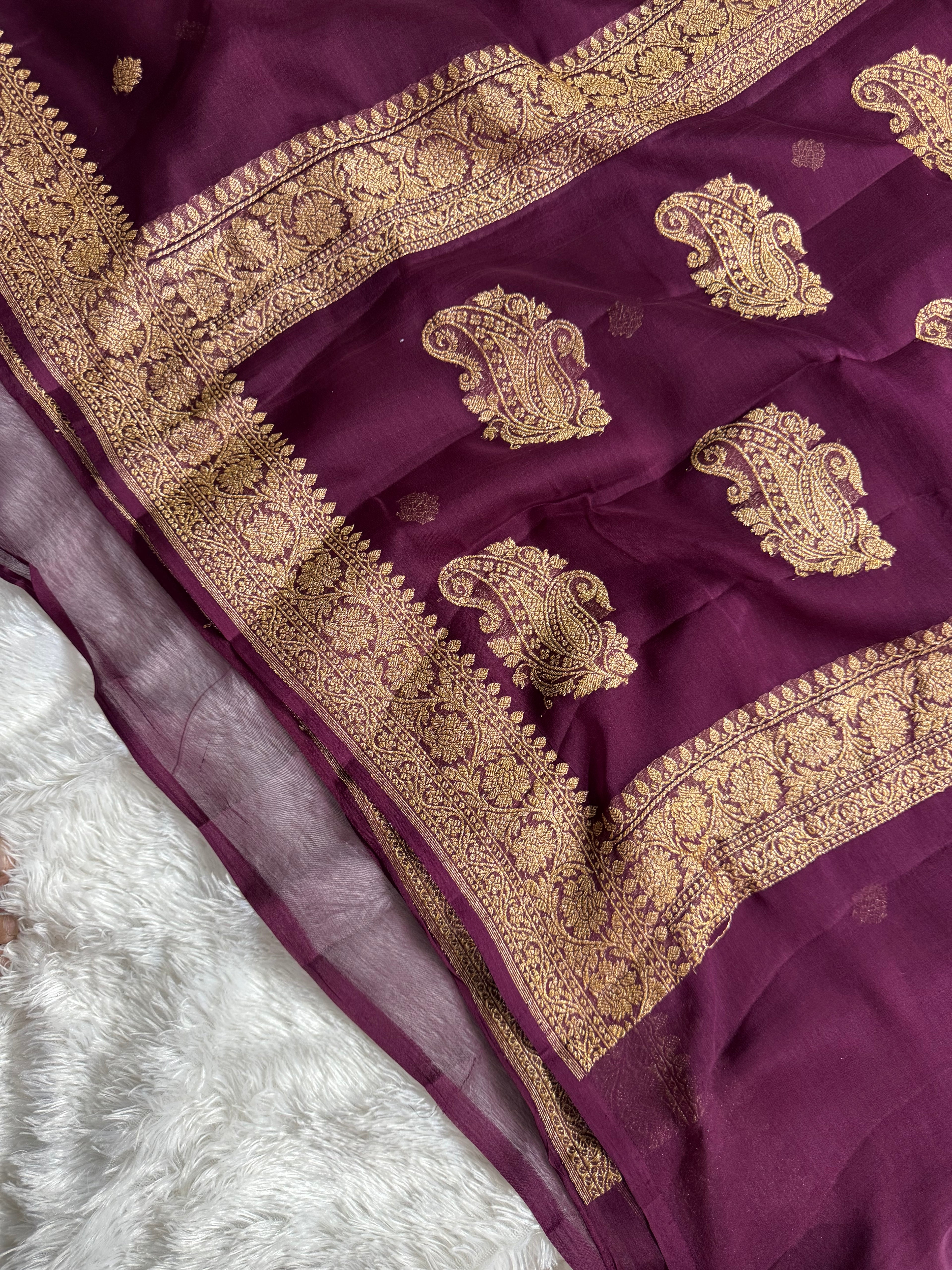 Wine Pure khaddi Chiffon Silk Banarasi Saree