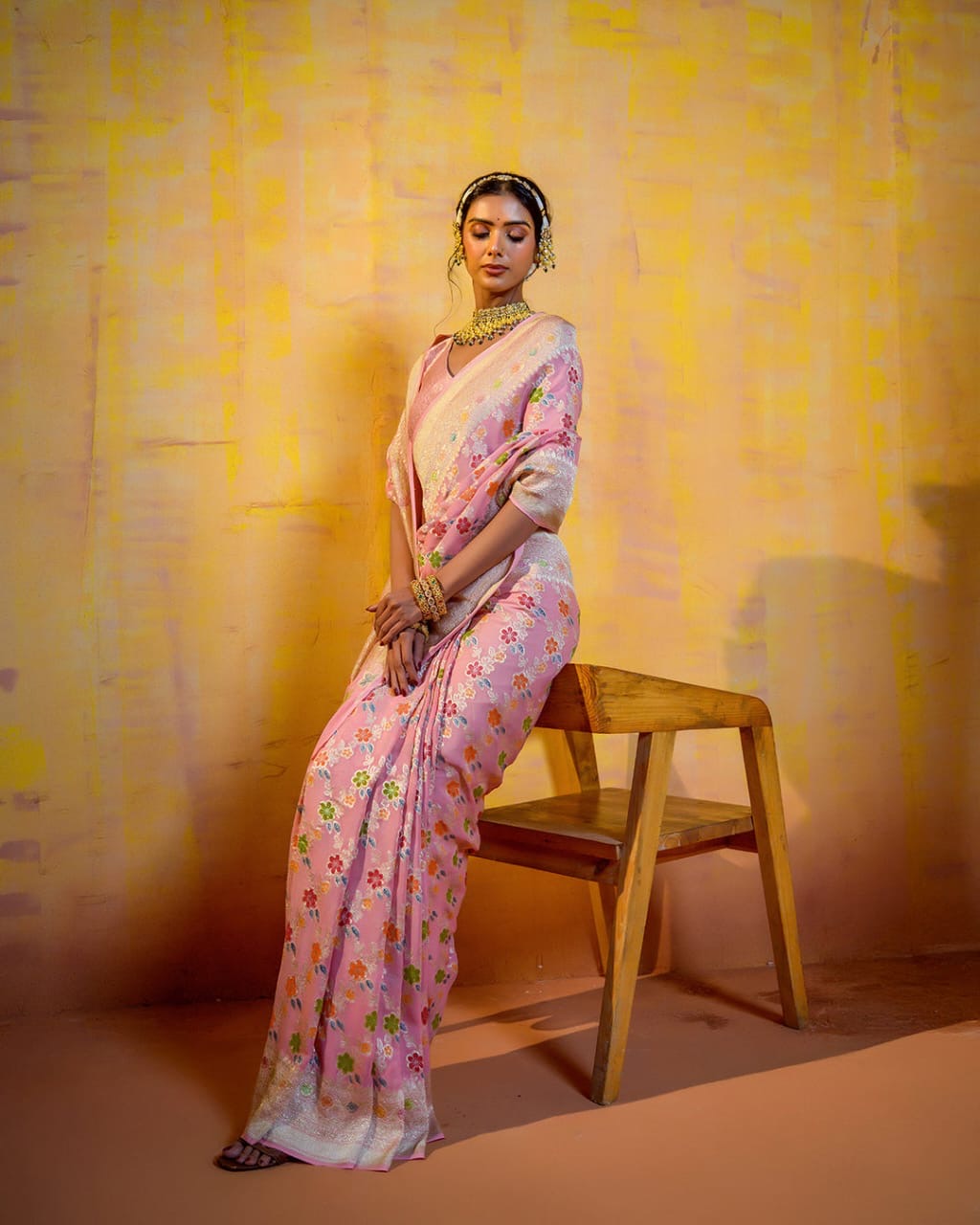 Baby Pink With Handbrush Pure Khaddi Georgette Silk Banarasi Saree