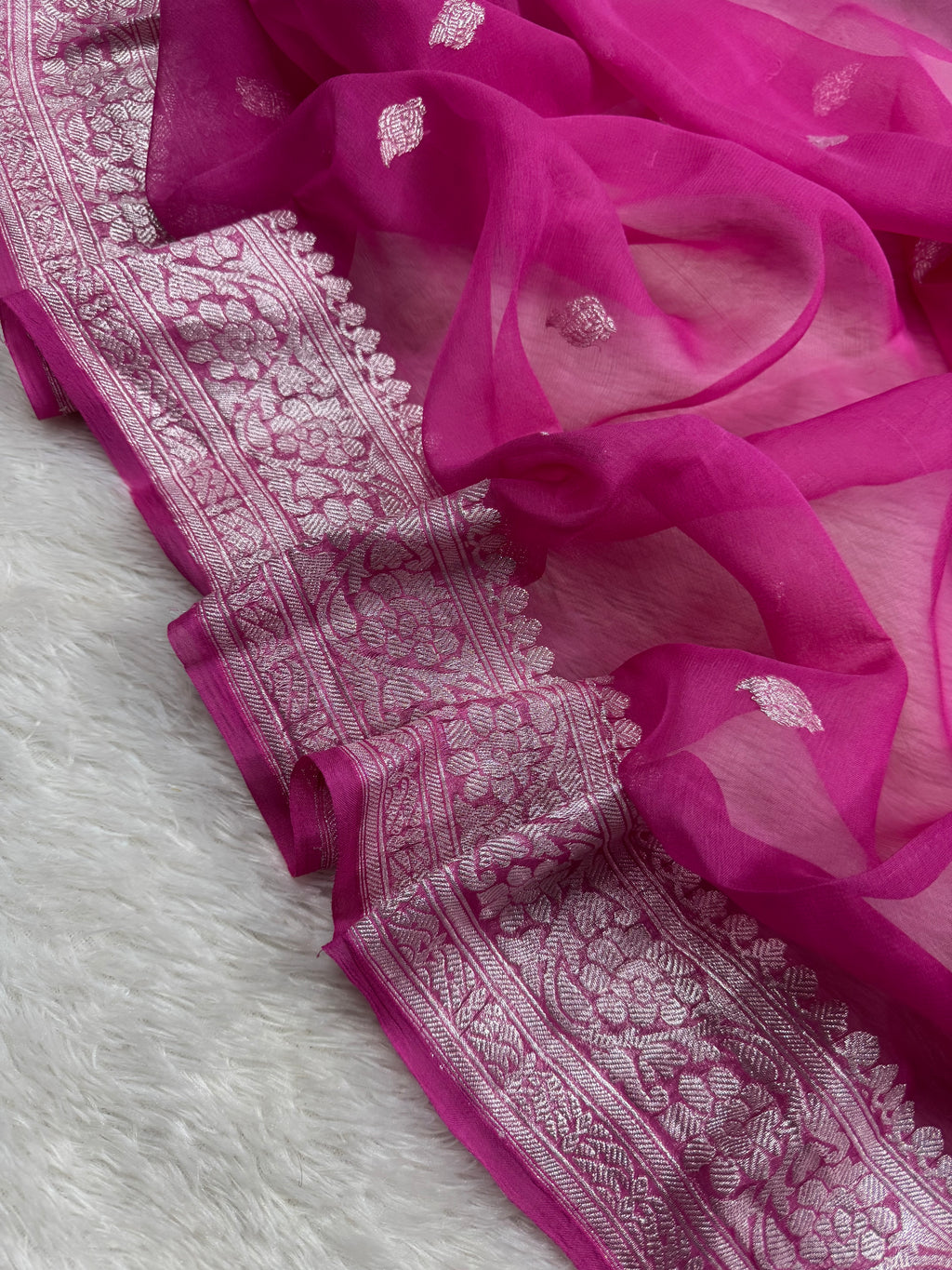 Fuchsia Pink Pure Khaddi Chiffon Silk Banarasi Saree