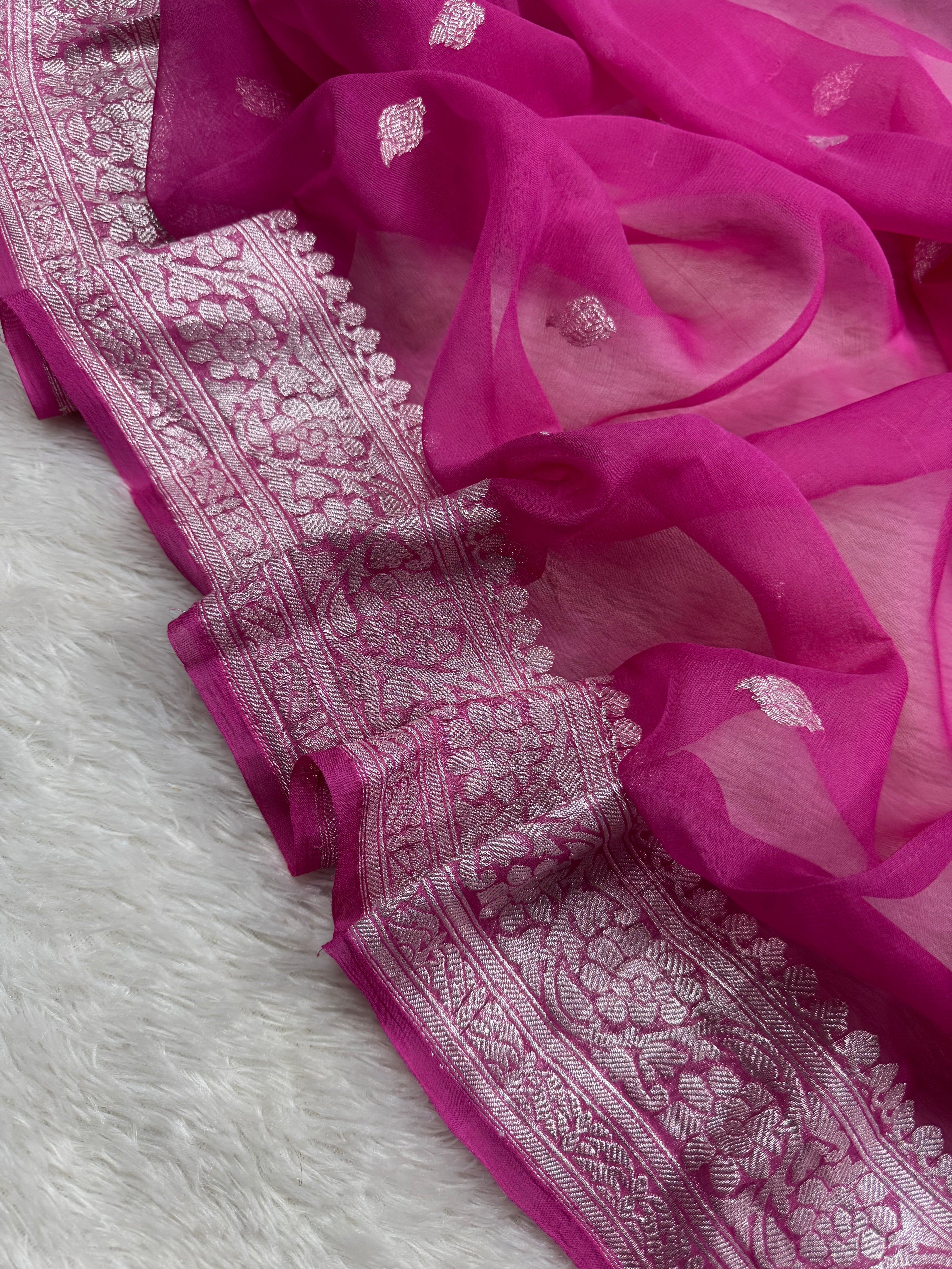 Fuchsia Pink Pure Khaddi Chiffon Silk Banarasi Saree
