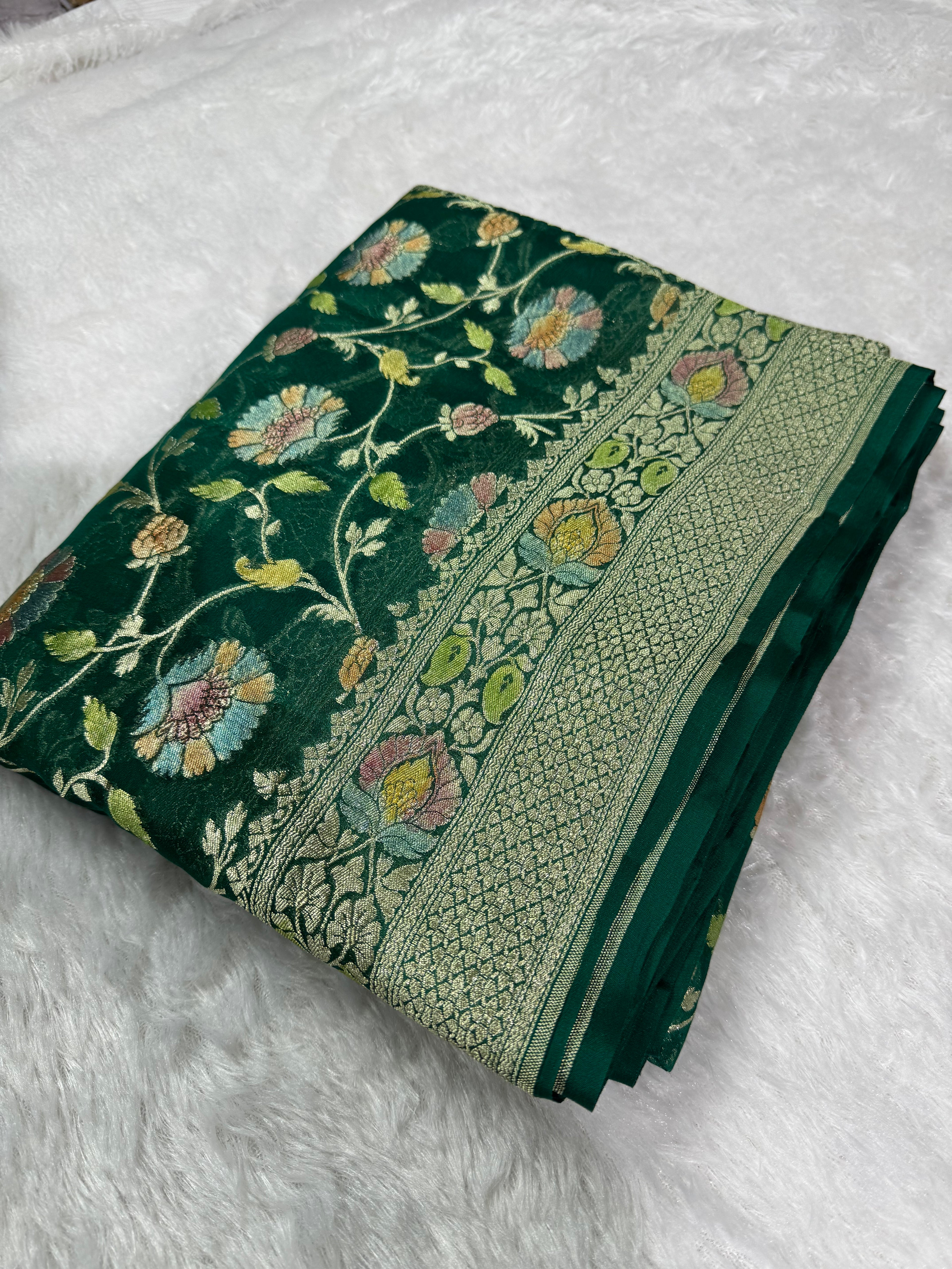 Bottle Green Handbrush Meenakari Pure Khaddi Georgette Silk Banarasi Saree