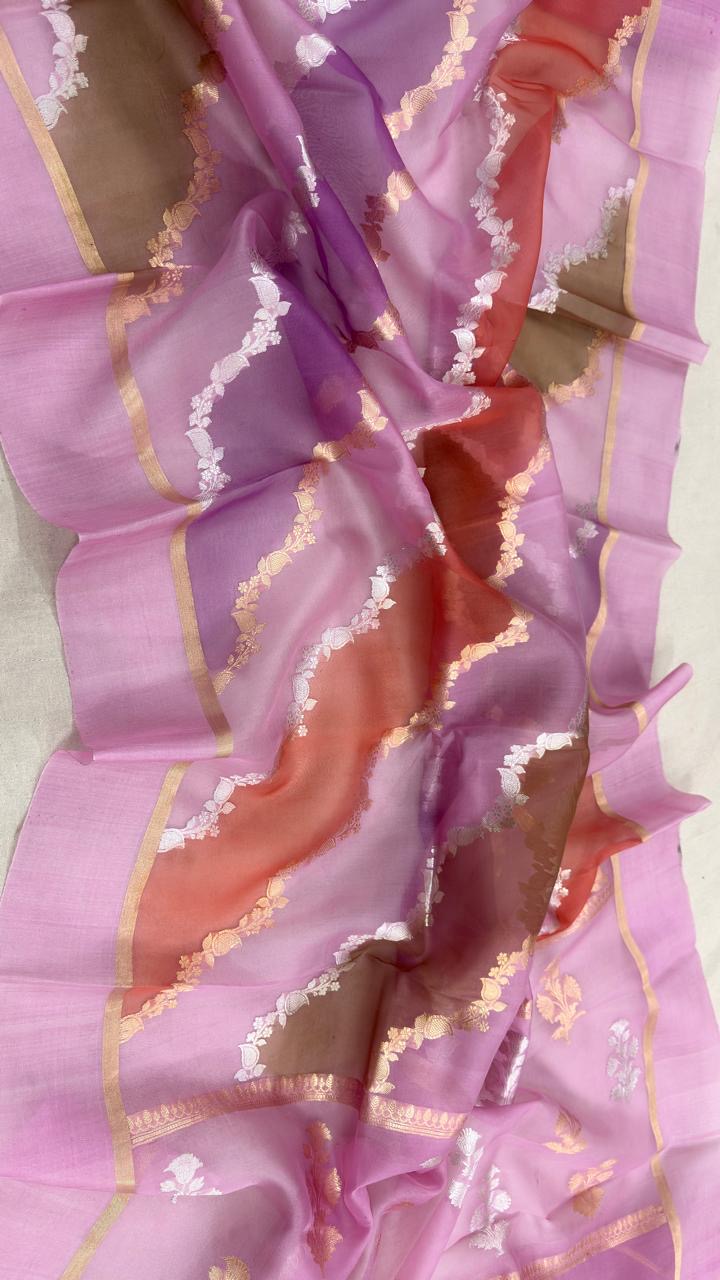 Rangkat Stripe Sona & Roopa Pure Kora Organza Silk Banarasi Saree