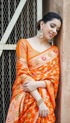 Fanta Orange Pure Khaddi Chiffon Silk Banarasi Saree