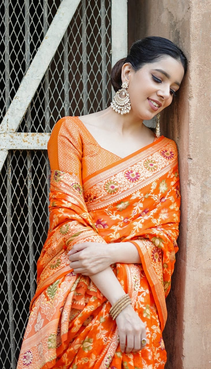 Fanta Orange Pure Khaddi Chiffon Silk Banarasi Saree