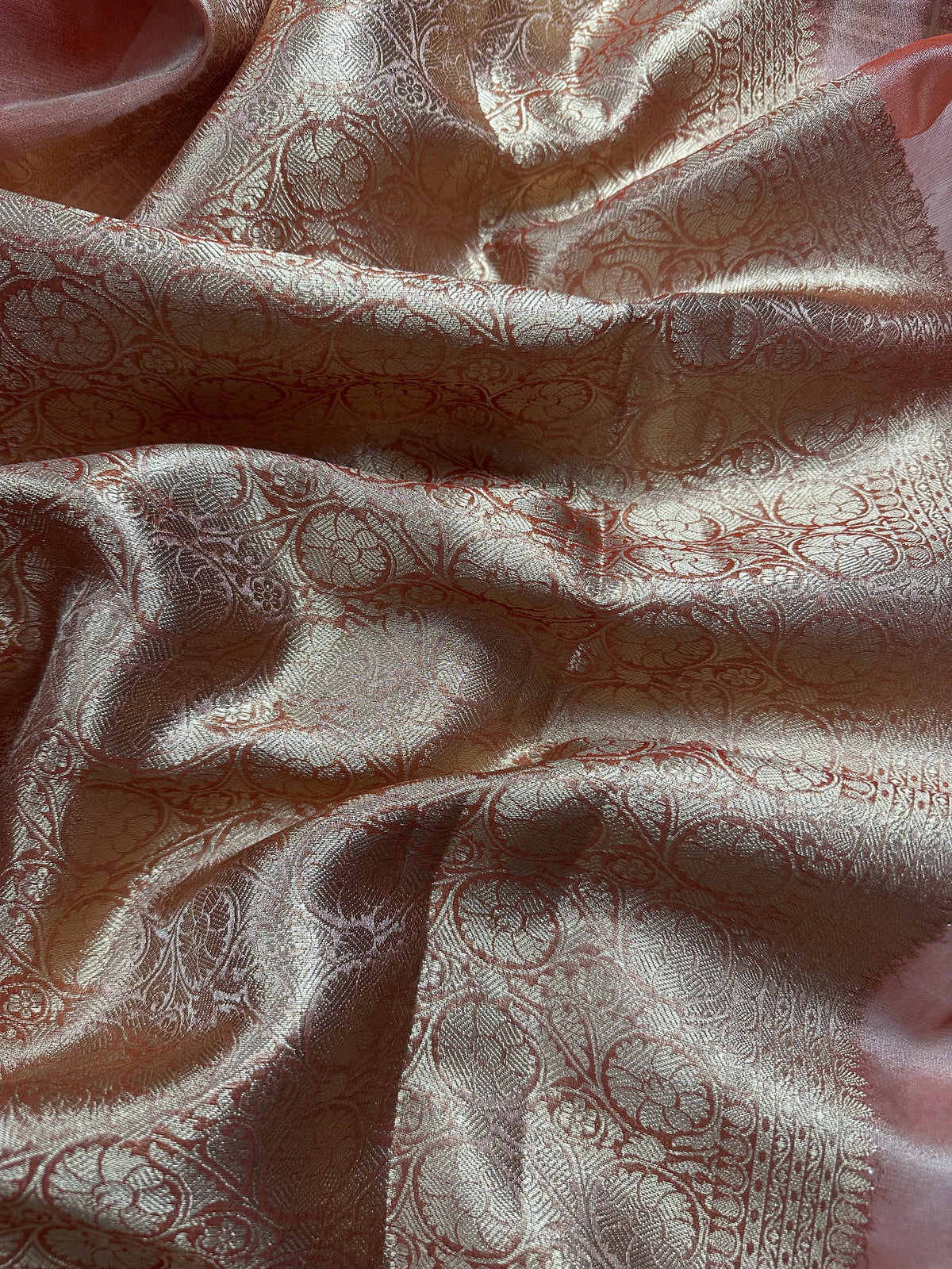 Peach Beautiful Lace Border Tissue Silk Banarasi Saree