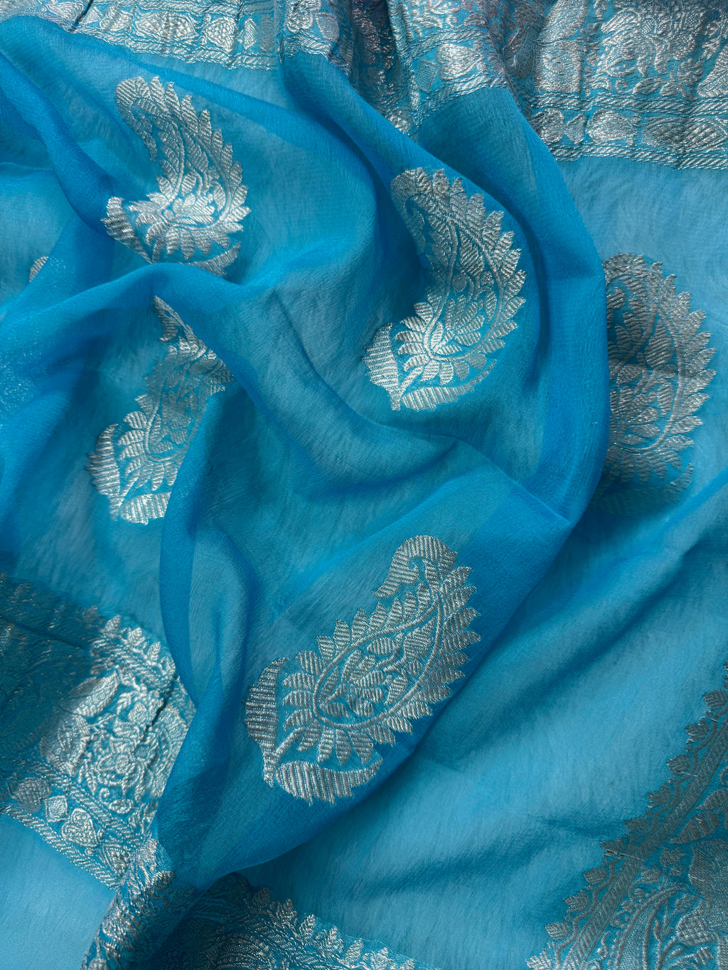 Pink & Firozi Pure Khaddi Chiffon Silk Banarasi Saree