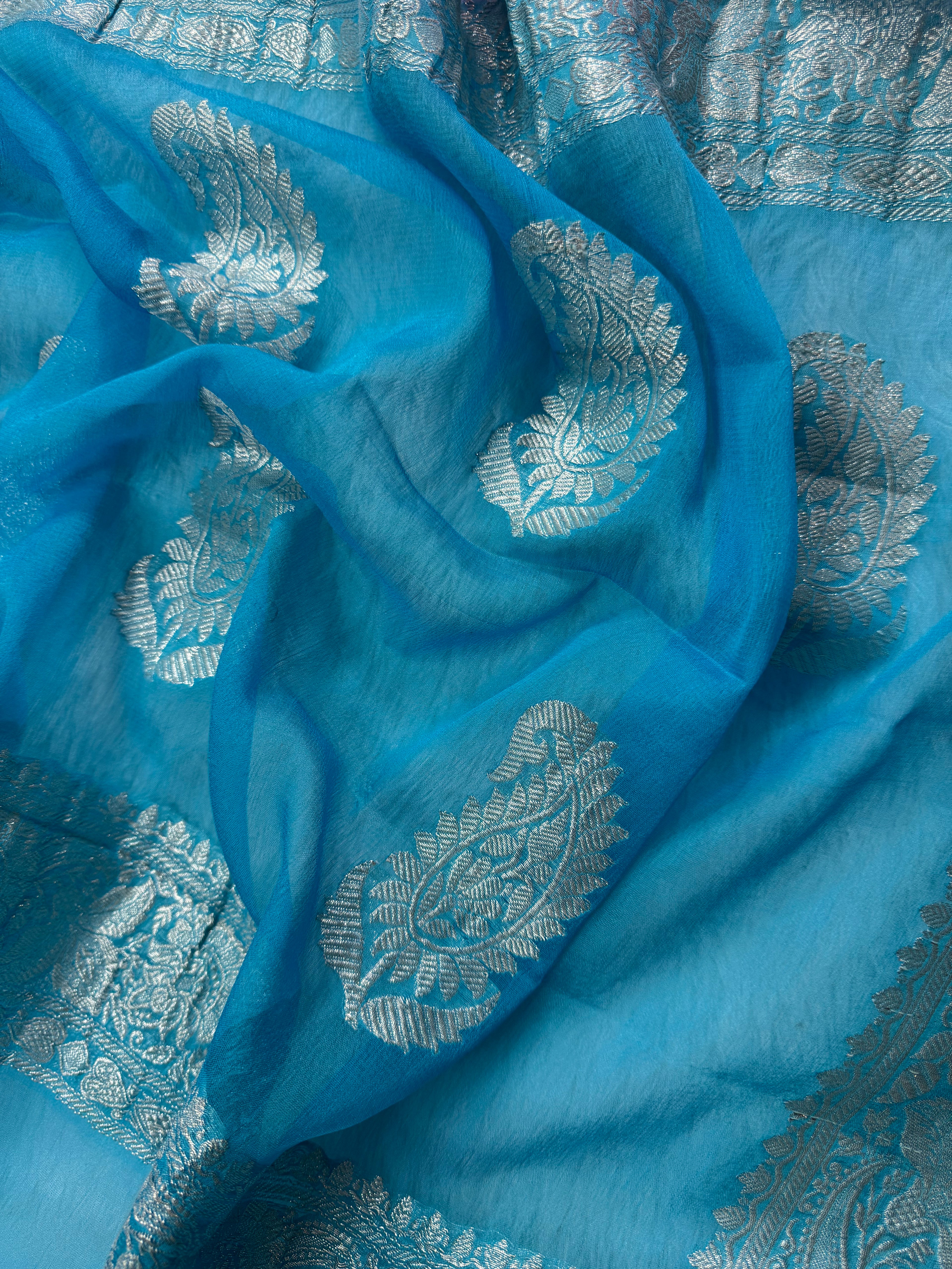 Pink & Firozi Pure Khaddi Chiffon Silk Banarasi Saree