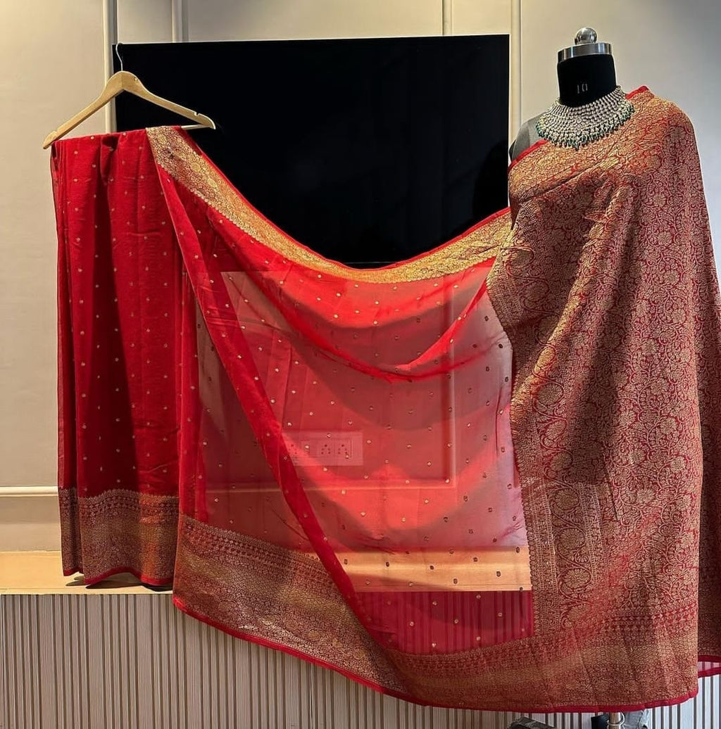 Red Pure Khaddi Georgette Silk Banarasi Saree