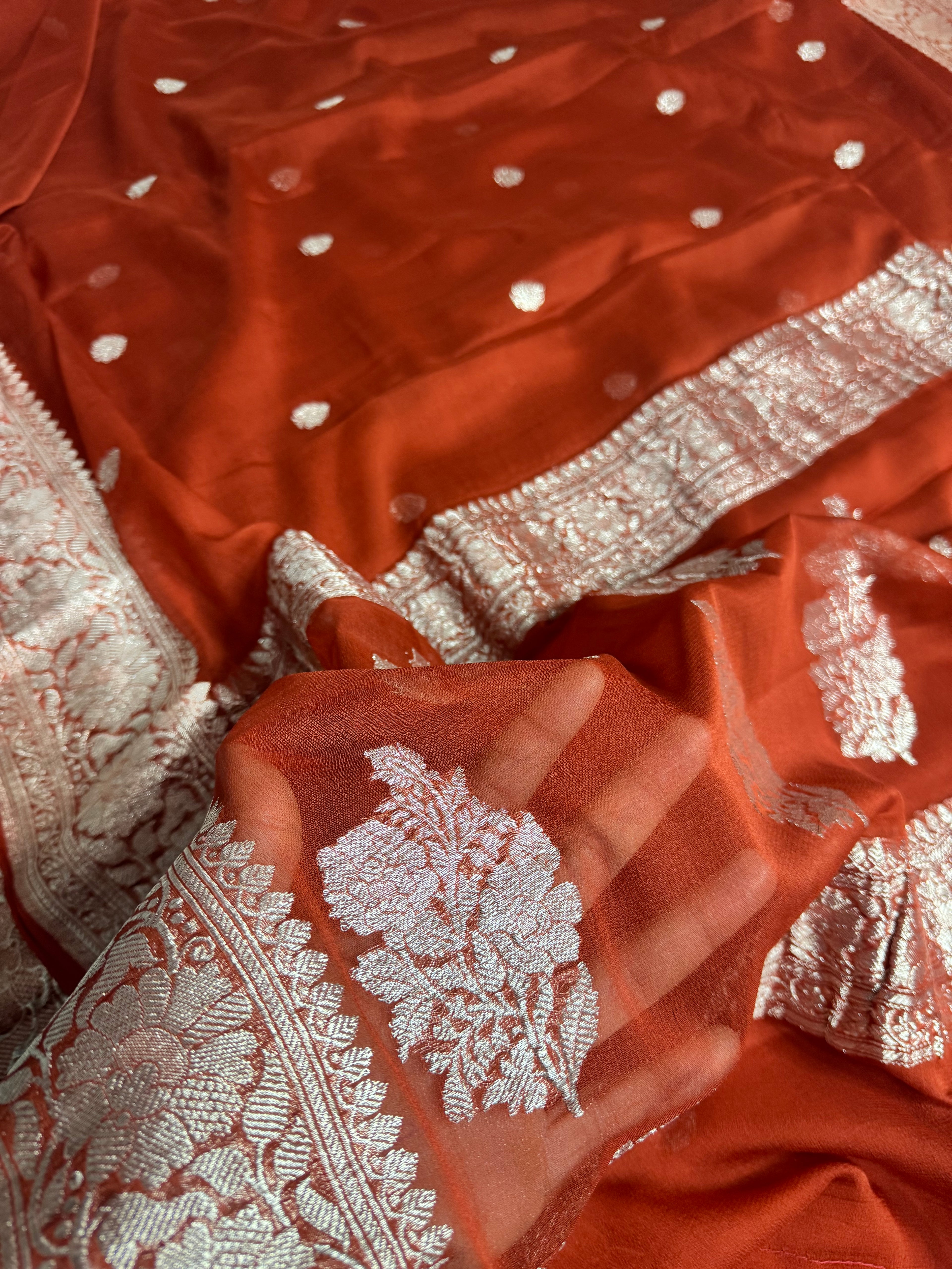 Rust Pure Khaddi Chiffon Silk Banarasi Saree