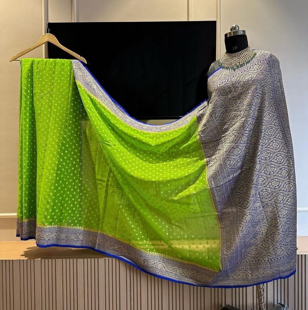 Light Green & Blue Pure Khaddi Georgette Silk Banarasi Border Dana Booti Saree