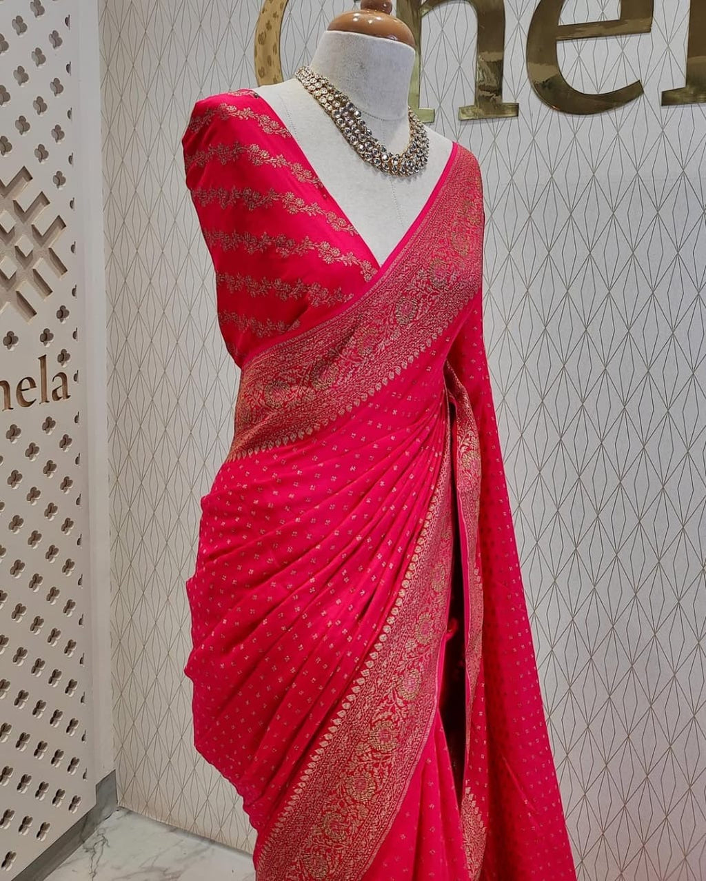 Bright Pink Pure Khaddi Crep Silk Banarasi Saree
