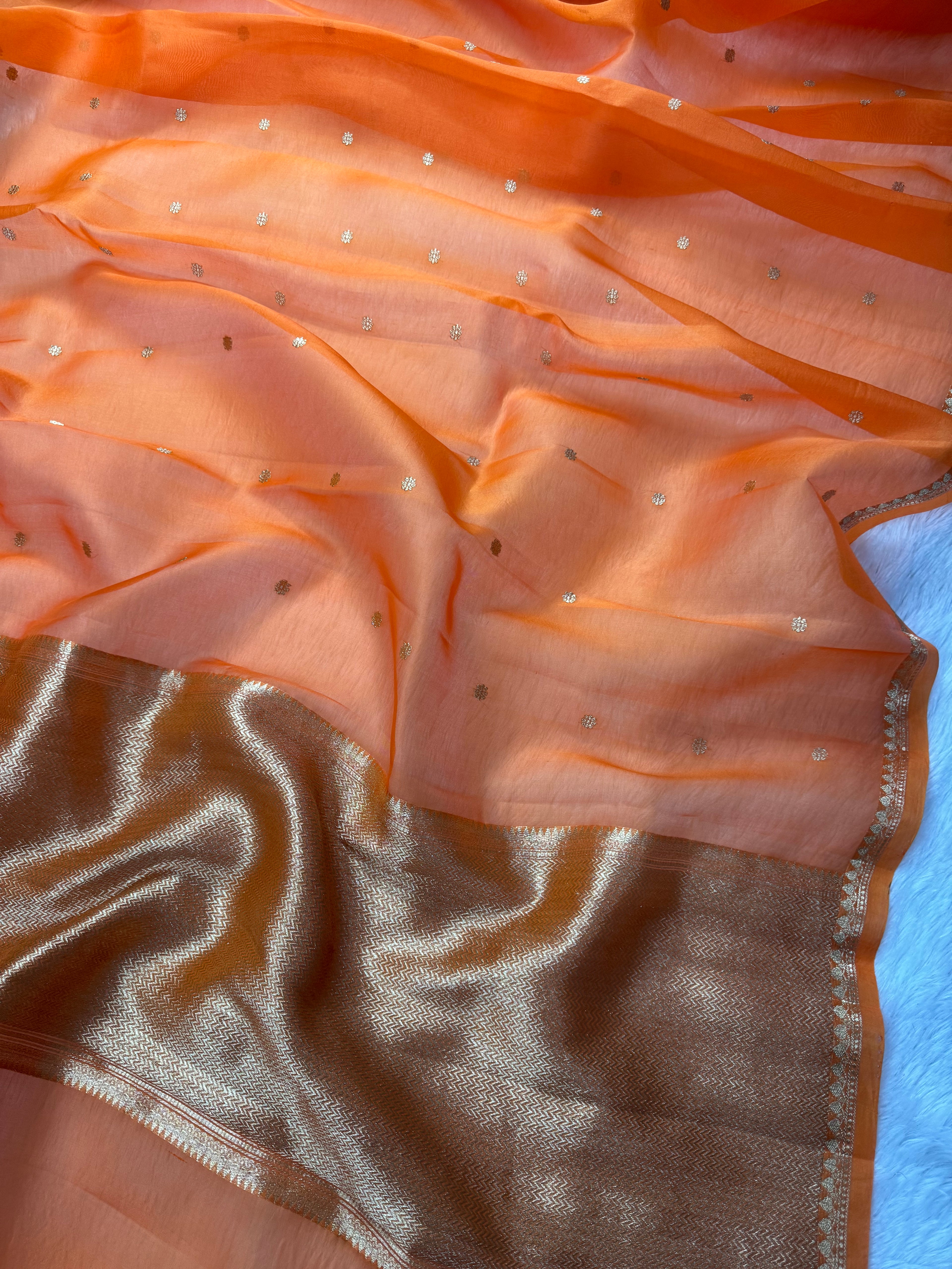 Rust Orange Pure Kora Organza Silk Banarasi Saree
