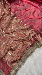 Red Tissue Silk Saree With Ghungroo & Mirror Work Designer Border Lace Saree