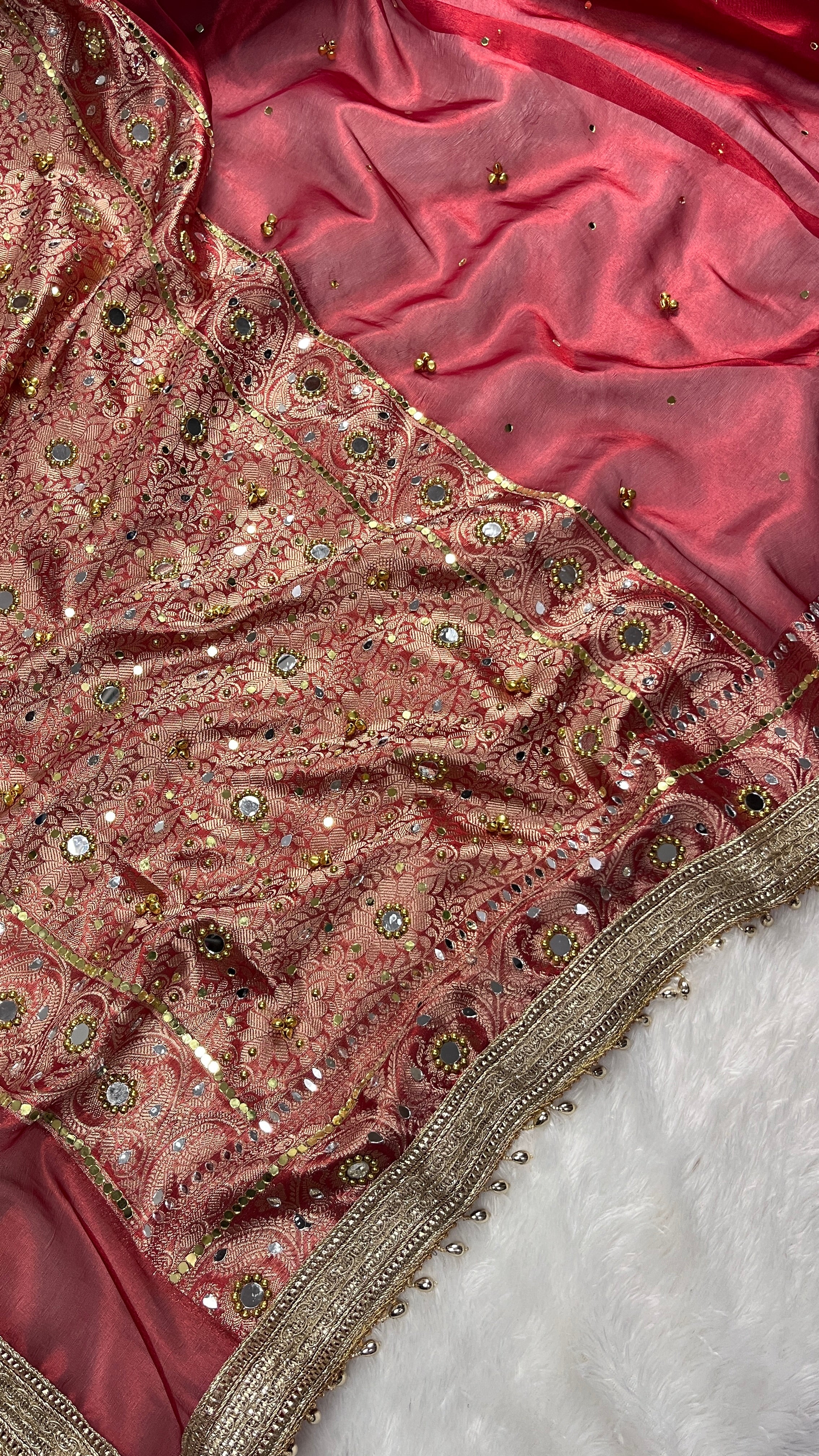 Red Tissue Silk Saree With Ghungroo & Mirror Work Designer Border Lace Saree