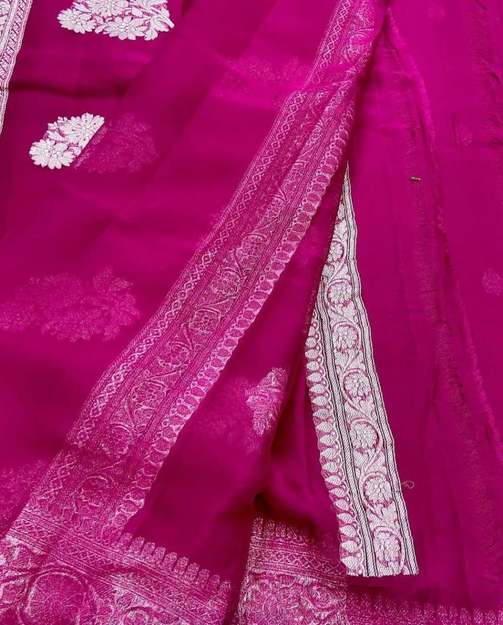 Rani Pink Pure Khaddi Chiffon Silk Banarasi Saree