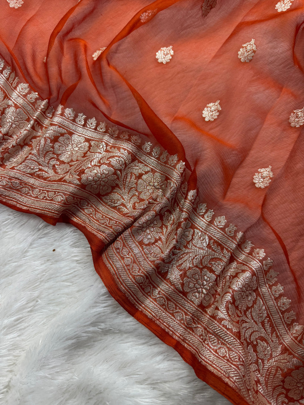 Rust Orange Pure Khaddi Chiffon Silk Banarasi Saree