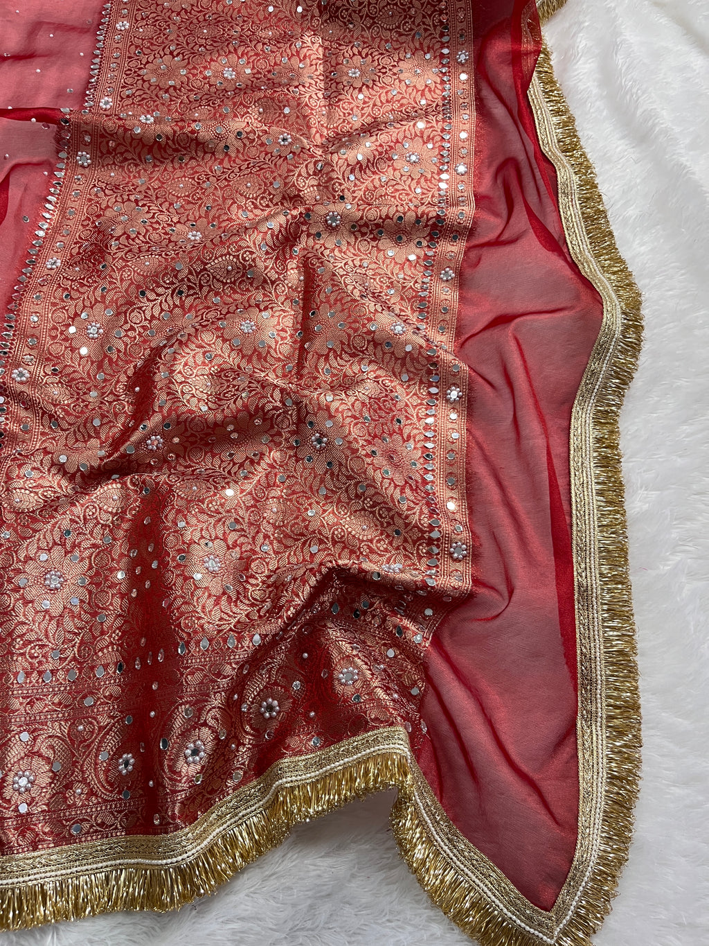 Red Tissue Silk Saree With Mirror & Pearl Work & Designer Lace Border