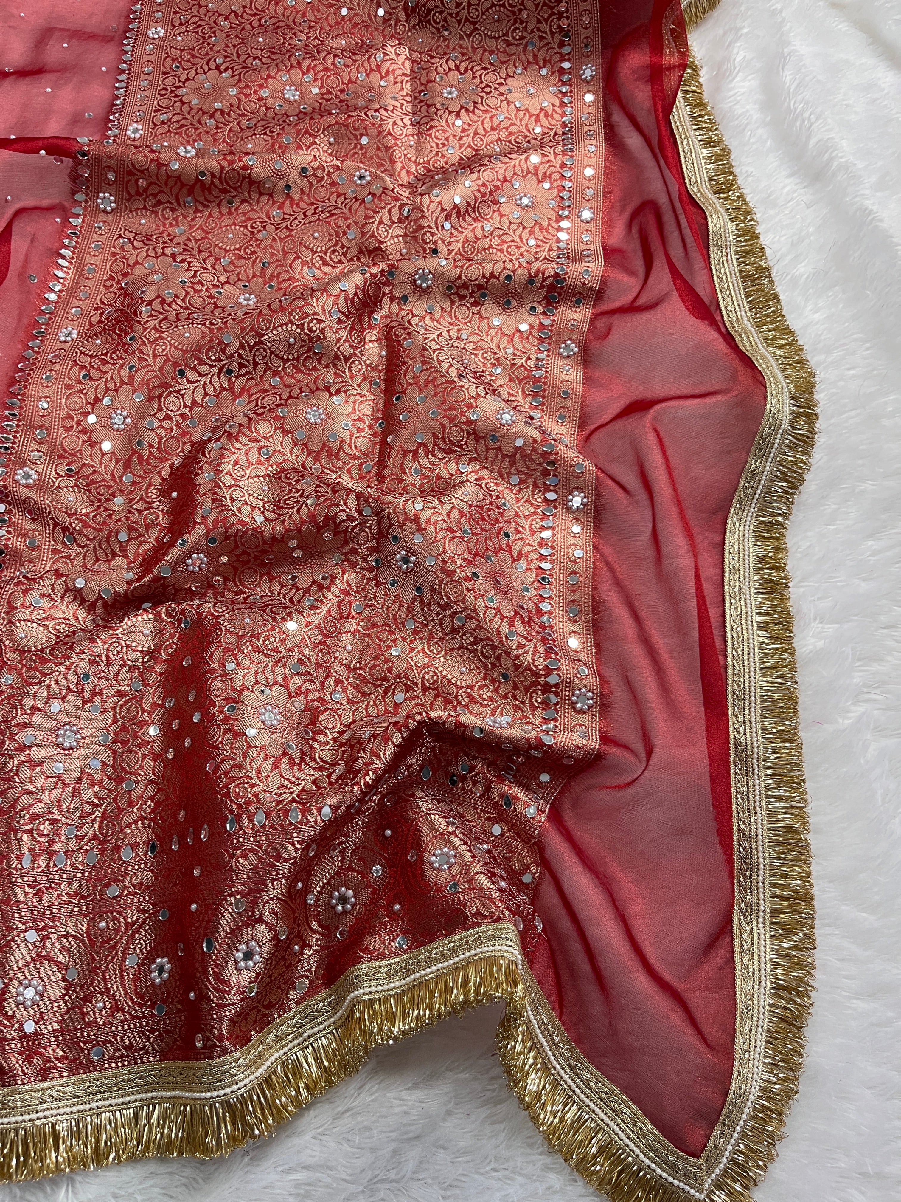 Red Tissue Silk Saree With Mirror & Pearl Work & Designer Lace Border