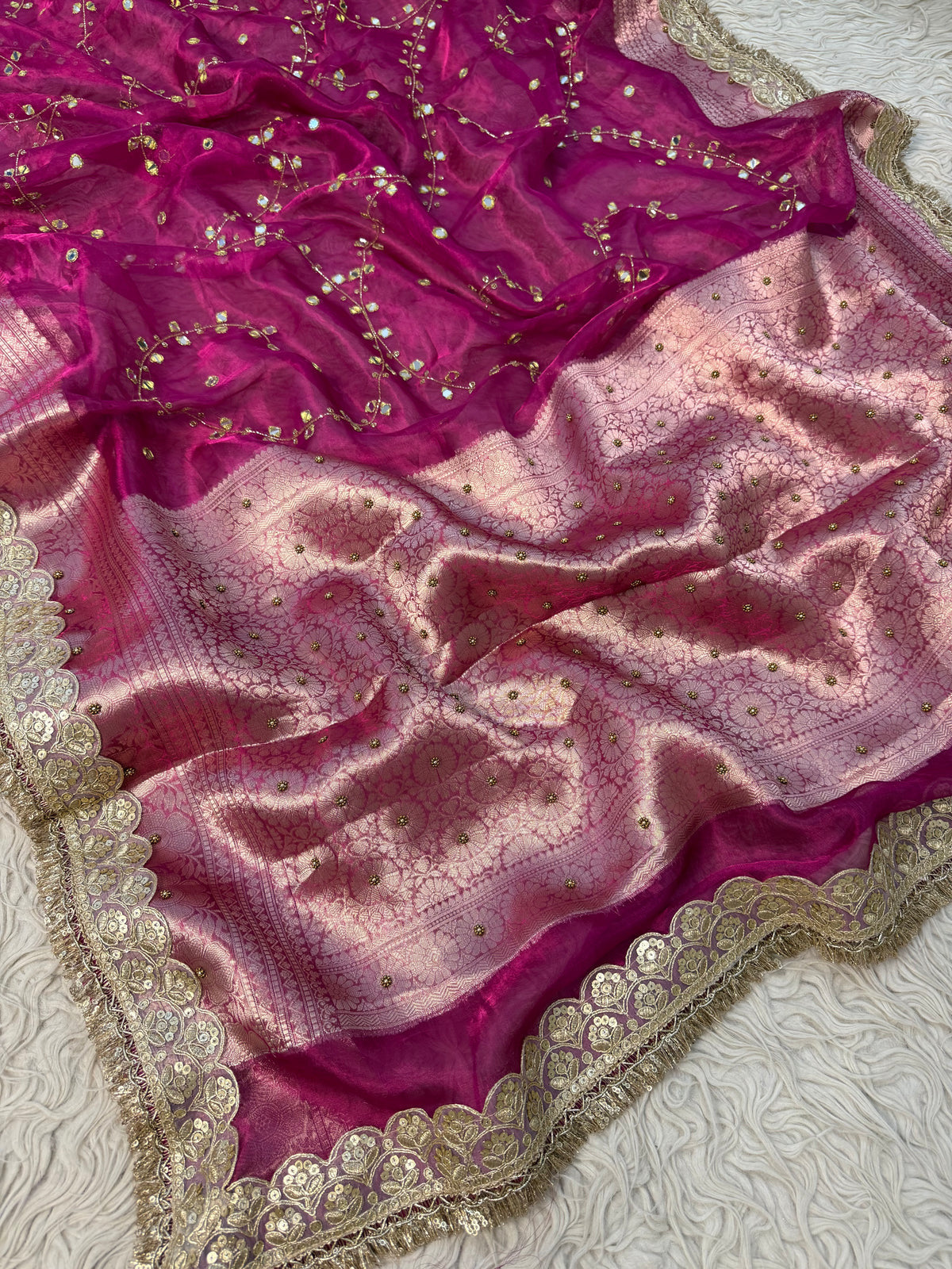 Pure Banarasi Tissue Saree with Hand Work on all over Body with Intricate Border and Pallu Design Along with Gotta Patti Lace Work
