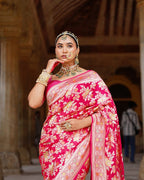 Rani Pink With Handbrush Pure Khaddi Georgette Silk Banarasi Saree