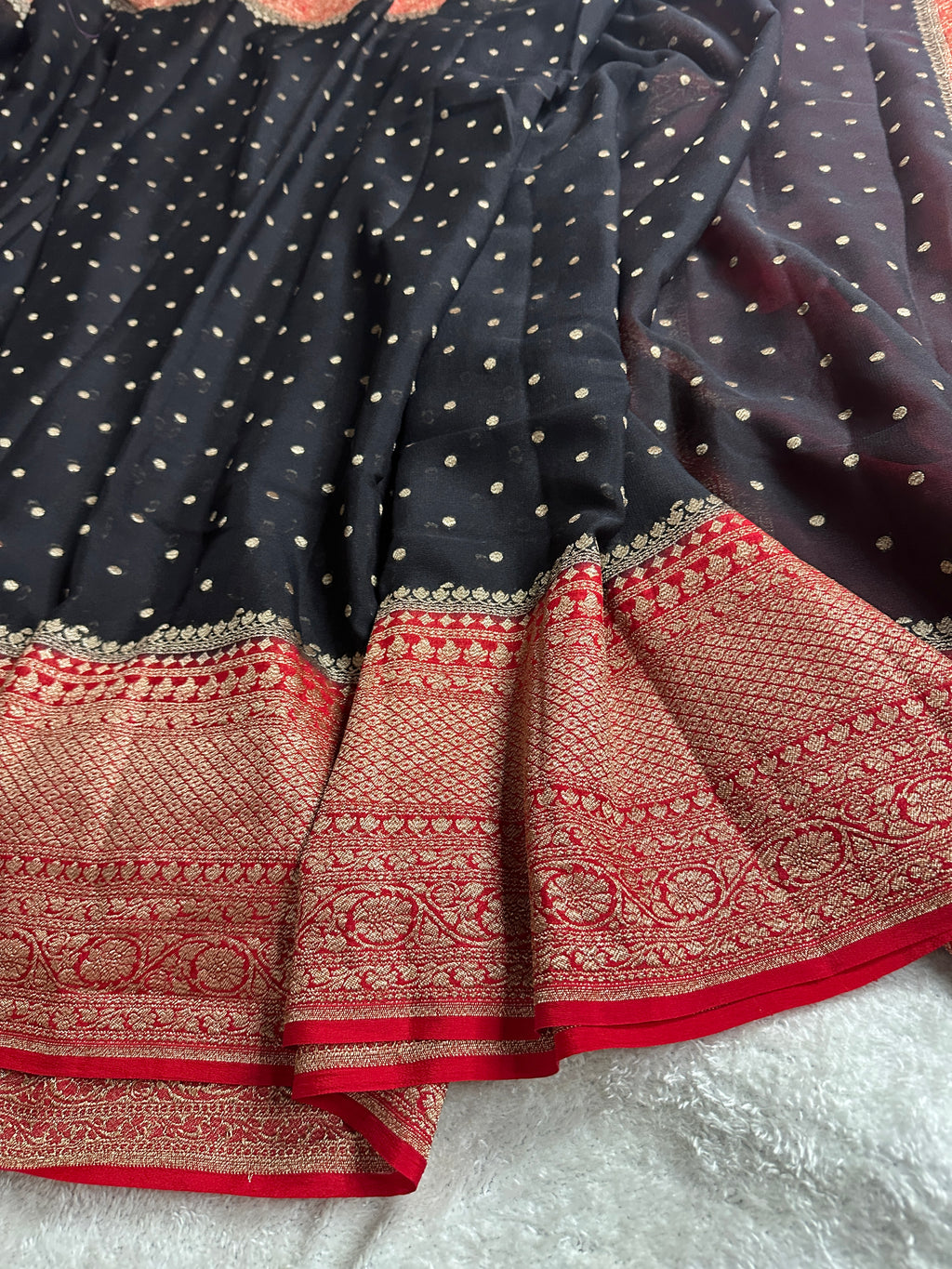 Black & Red Pure Khaddi Georgette Silk Banarasi Saree