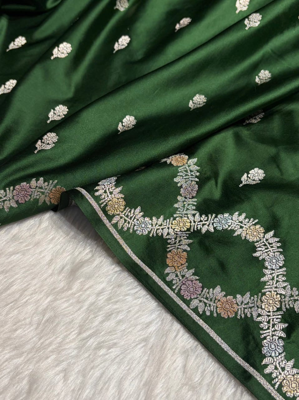 Bottle Green Meenakari Mashru Katan Silk Banarasi Saree