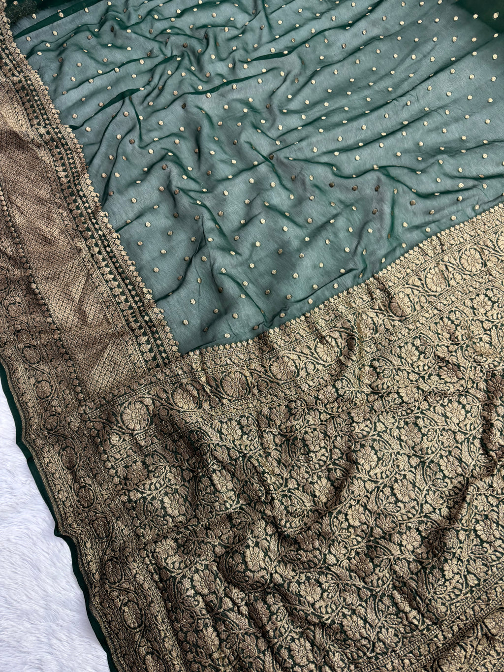 Bottle Green Pure Khaddi Georgette Silk Banarasi Saree