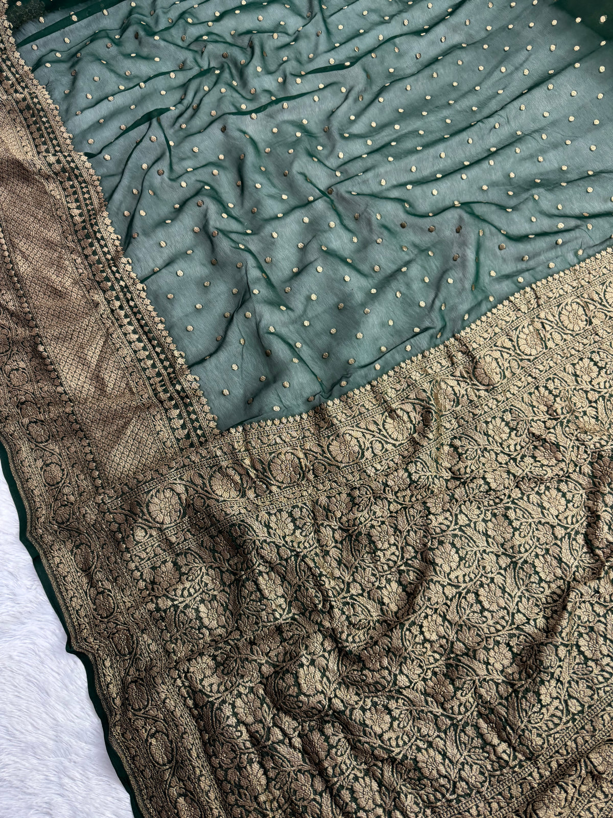 Bottle Green Pure Khaddi Georgette Silk Banarasi Saree