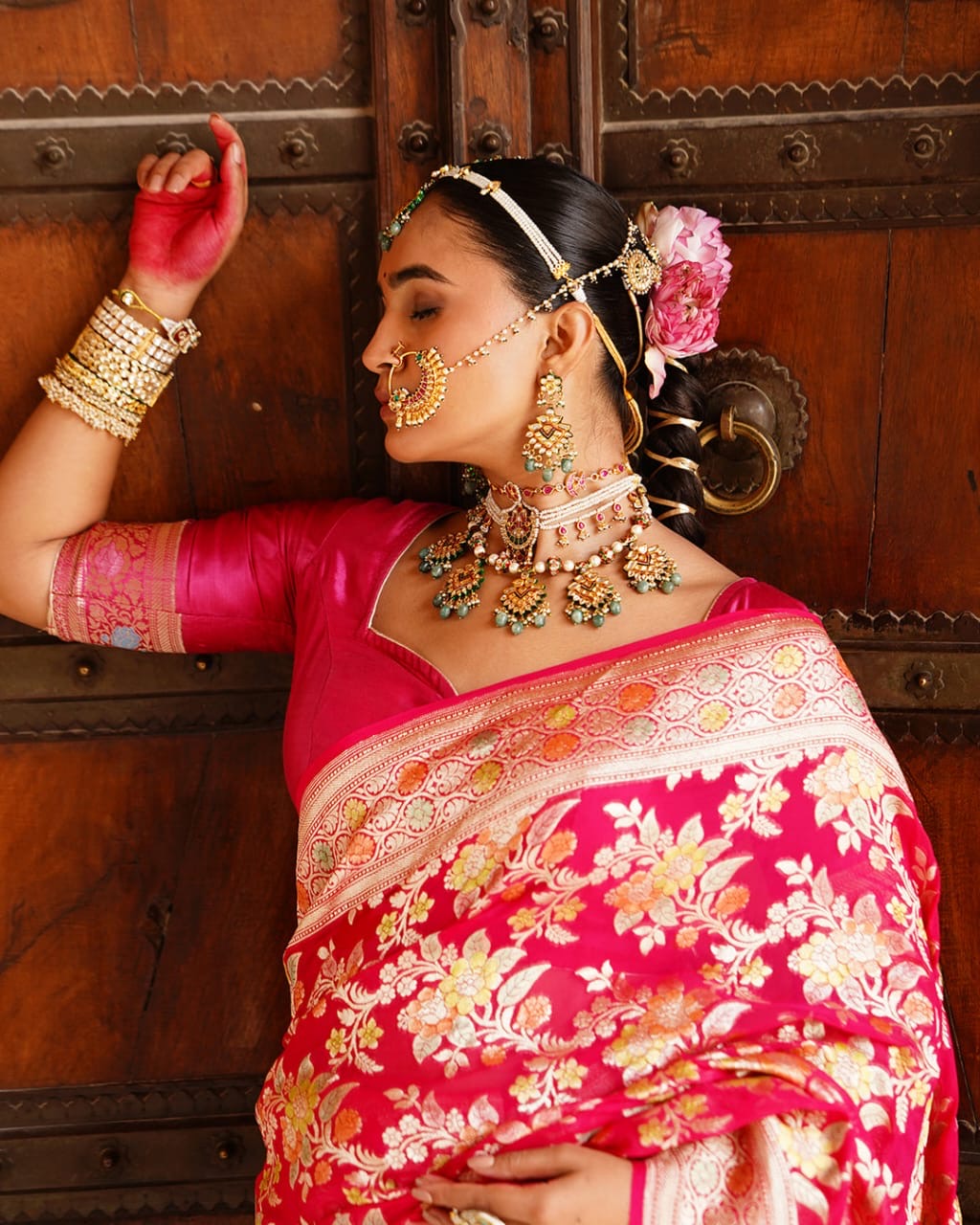 Rani Pink With Handbrush Pure Khaddi Georgette Silk Banarasi Saree