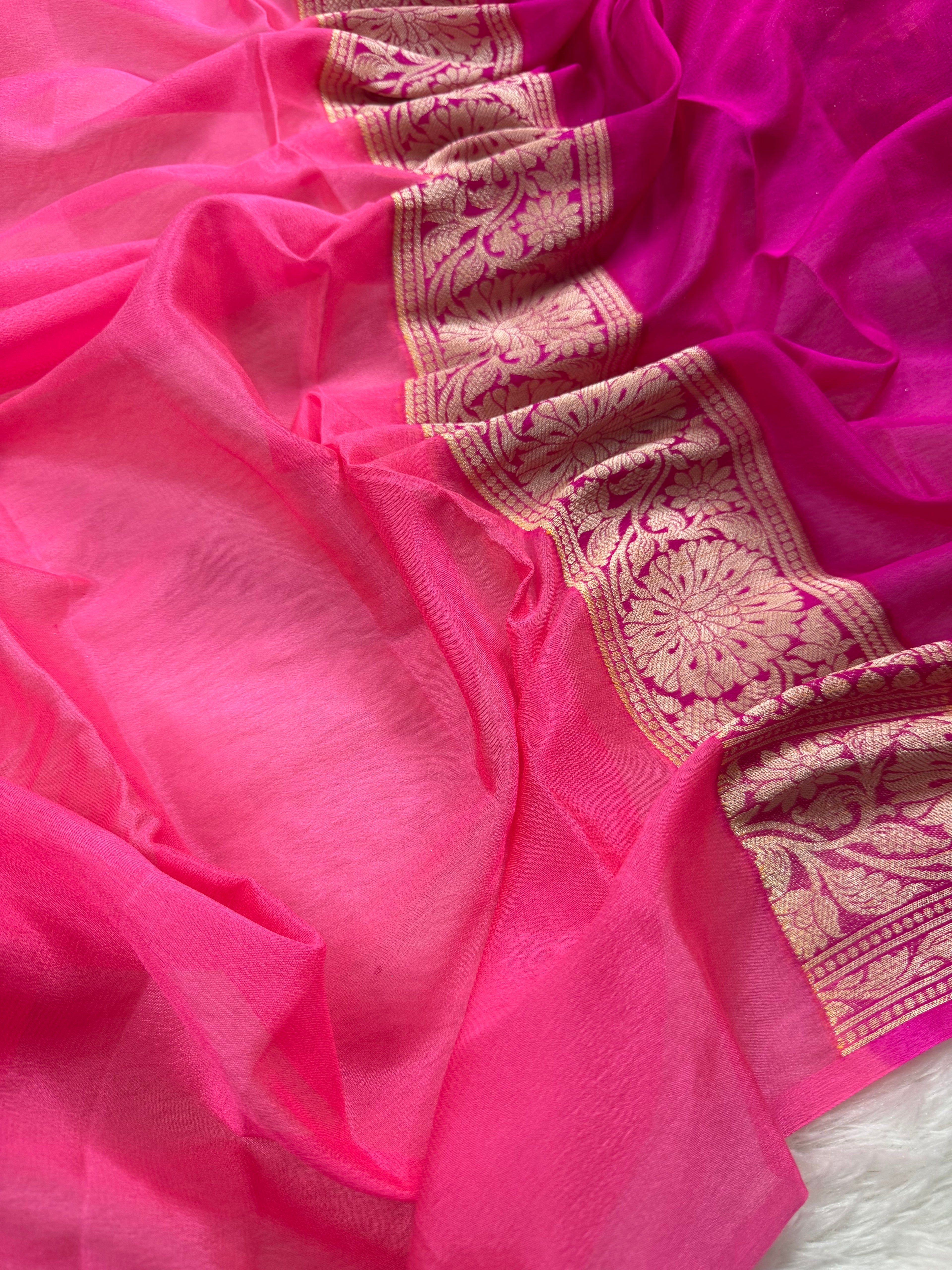Rani Pink Rangkat Pure Chiffon Silk Banarasi Saree