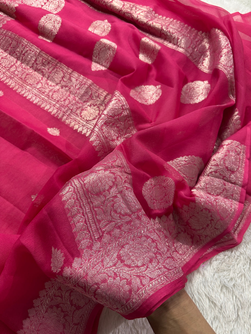 Hot Pink Pure Khaddi Chiffon Silk Banarasi Saree