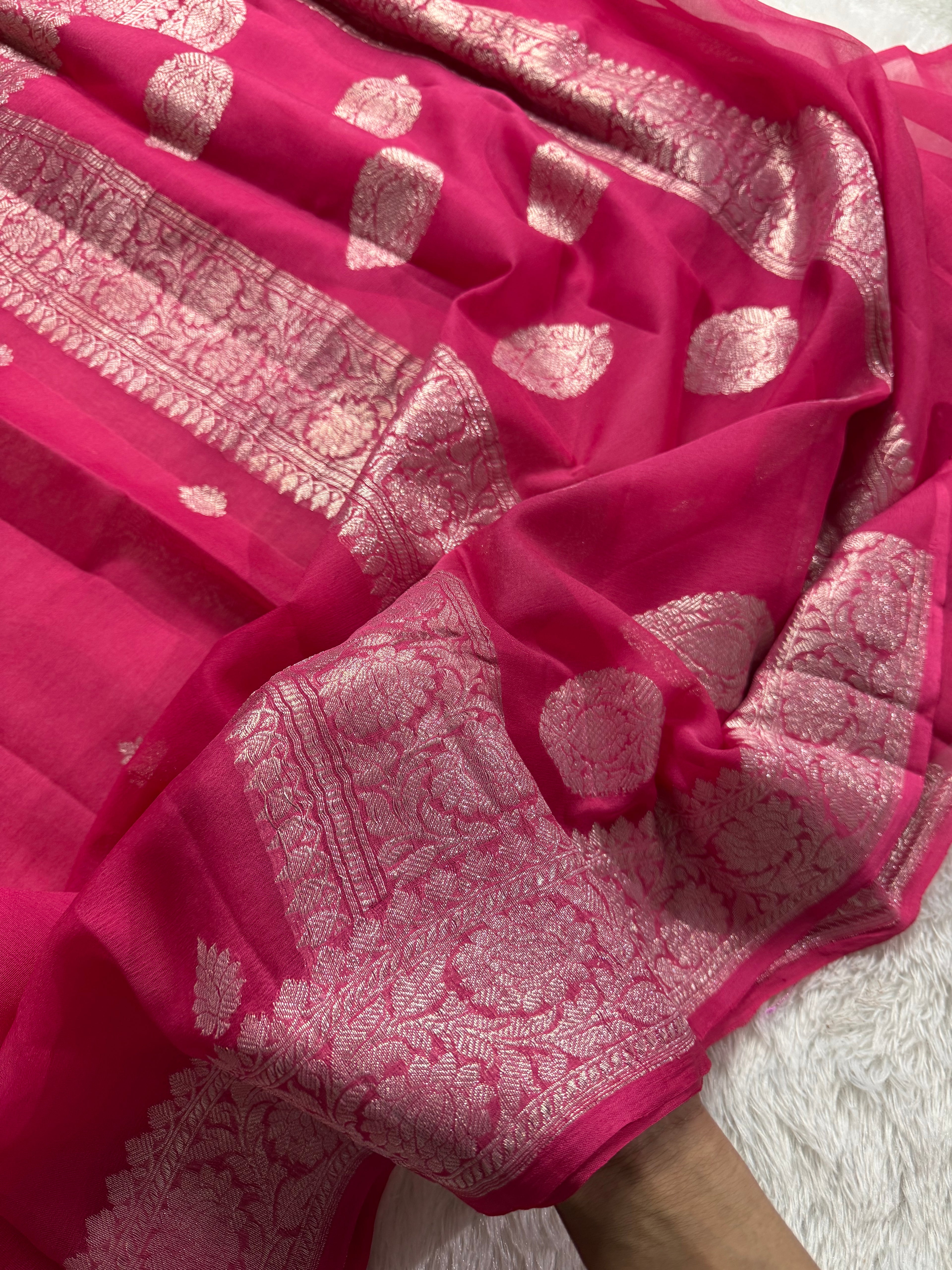 Hot Pink Pure Khaddi Chiffon Silk Banarasi Saree