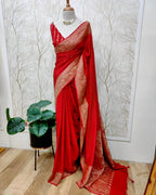 Red Pure Khaddi Crep Silk Banarasi Saree