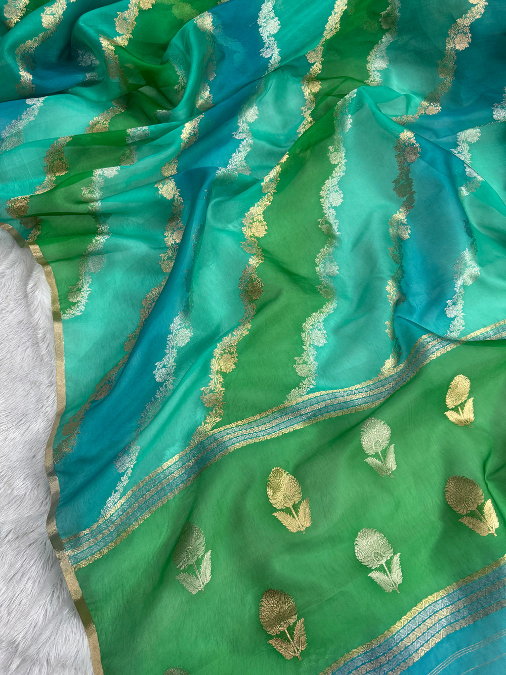 Sea Green Rangkat Pure Kora Organza Sona & Roopa Zari Stripe Weaving Banarasi Saree