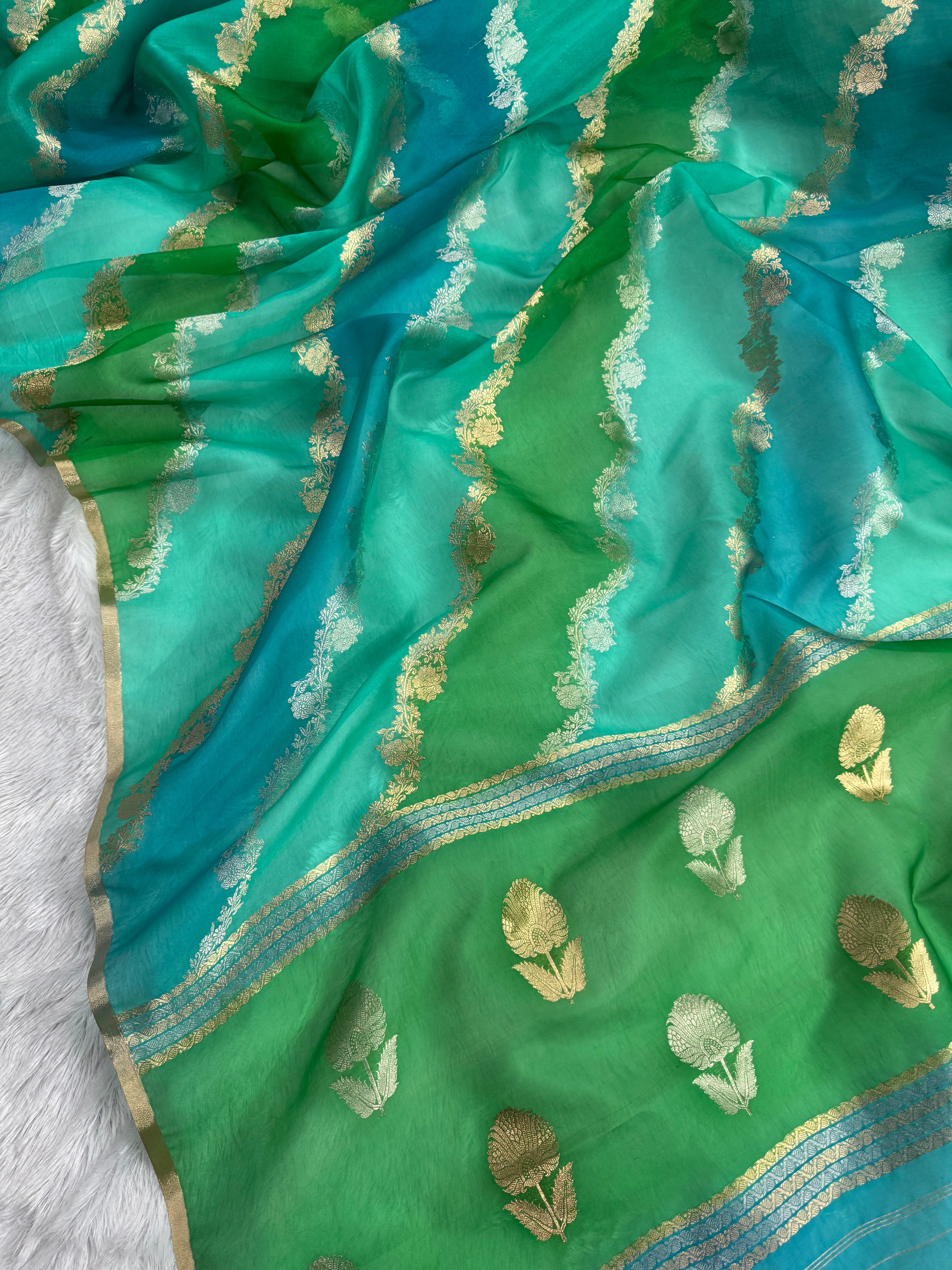 Sea Green Rangkat Pure Kora Organza Sona & Roopa Zari Stripe Weaving Banarasi Saree