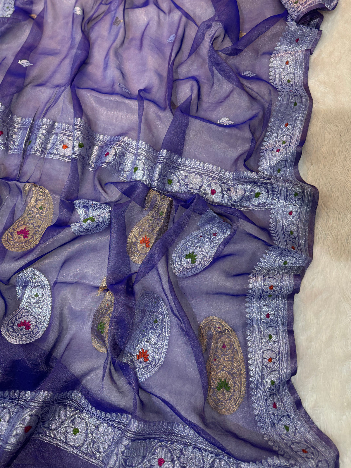 Royal Blue Pure Khaddi Tissue Chiffon Sona & Roopa Meenakari Banarasi Saree