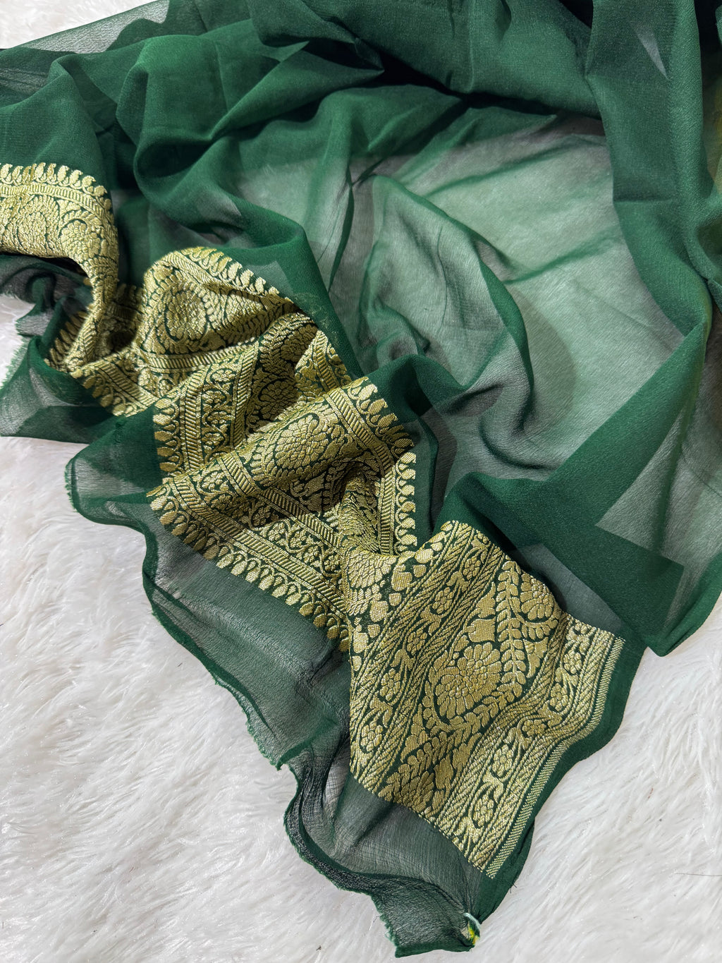 Lemon & Bottle Green Pure Khaddi Georgette Silk Banarasi Saree