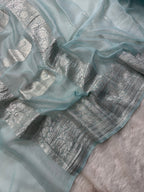 Pastel Ice Blue Pure Khaddi Chiffon Silk Banarasi Saree