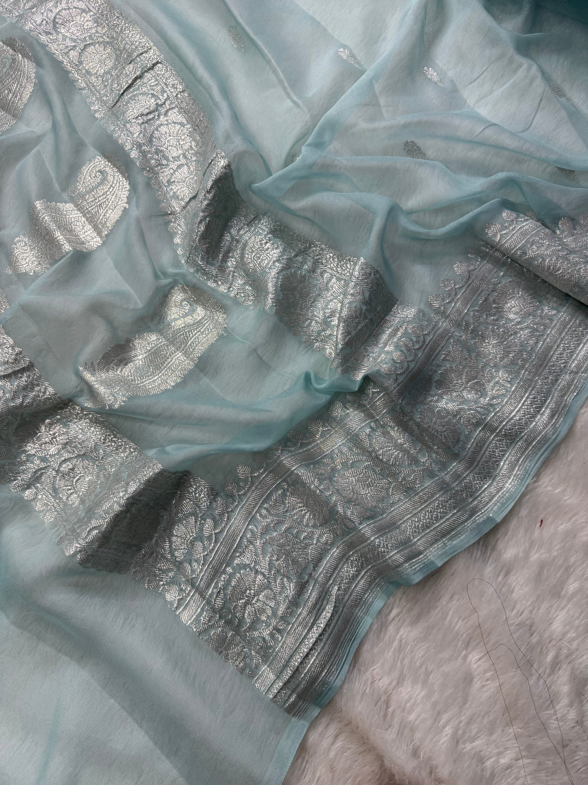 Pastel Ice Blue Pure Khaddi Chiffon Silk Banarasi Saree