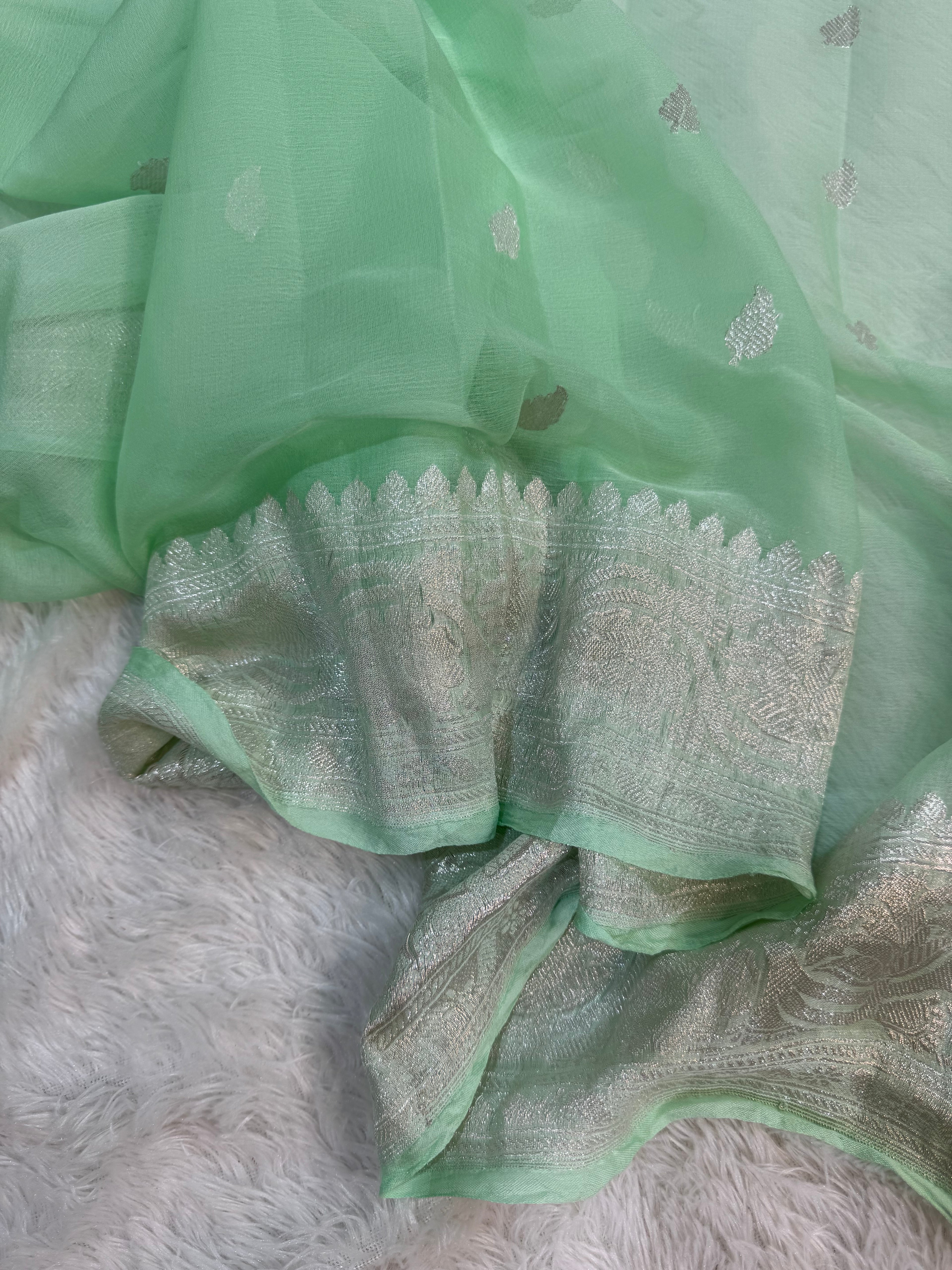 Pastel Sea Green Pure Khaddi Chiffon Silk Banarasi Saree