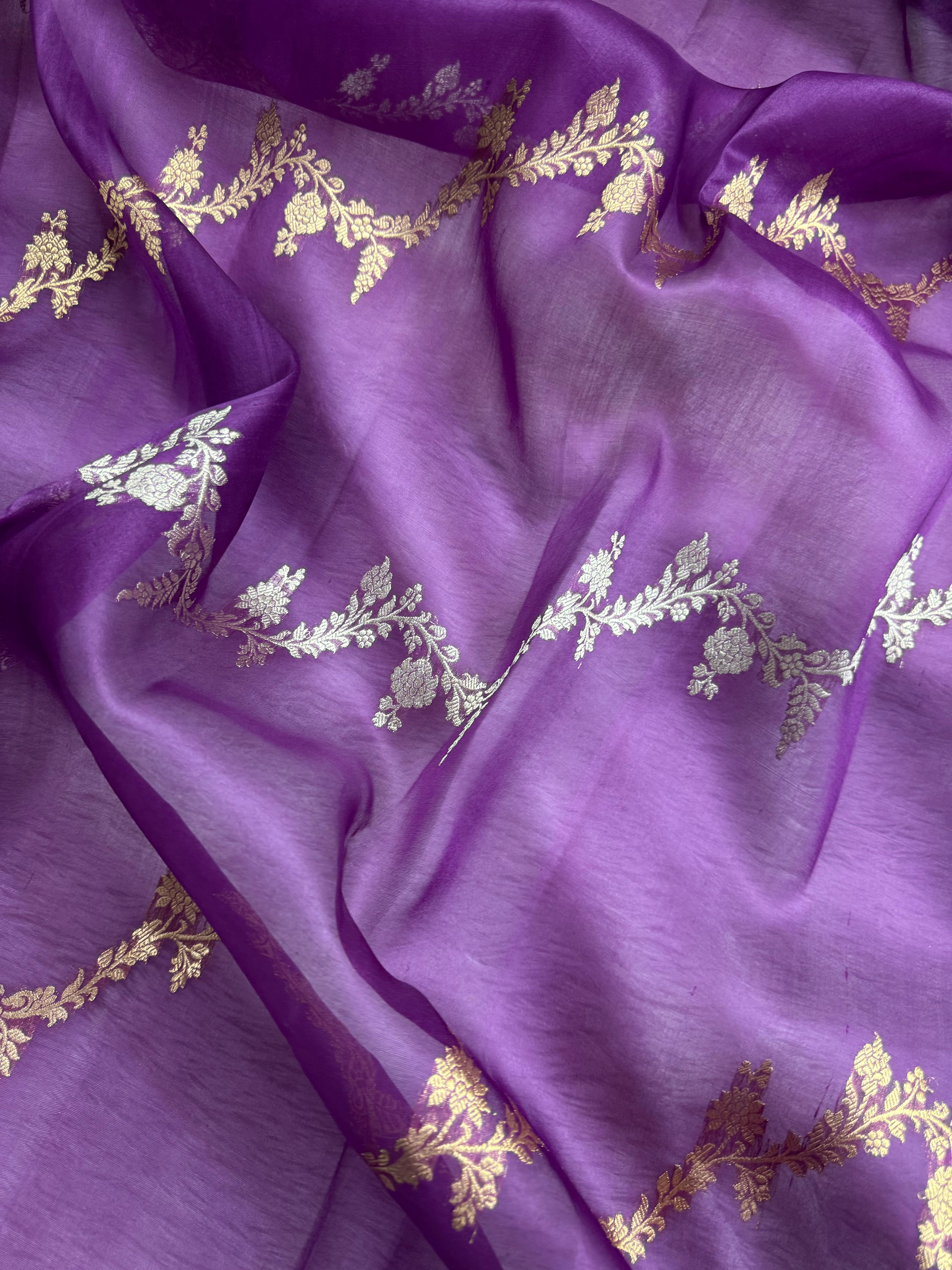 Magenta Pure Kora Organza Silk Banarasi Saree Sona & Roopa Stripe