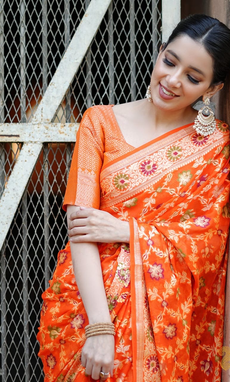 Fanta Orange Pure Khaddi Chiffon Silk Banarasi Saree
