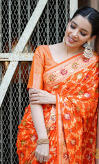 Fanta Orange Pure Khaddi Chiffon Silk Banarasi Saree