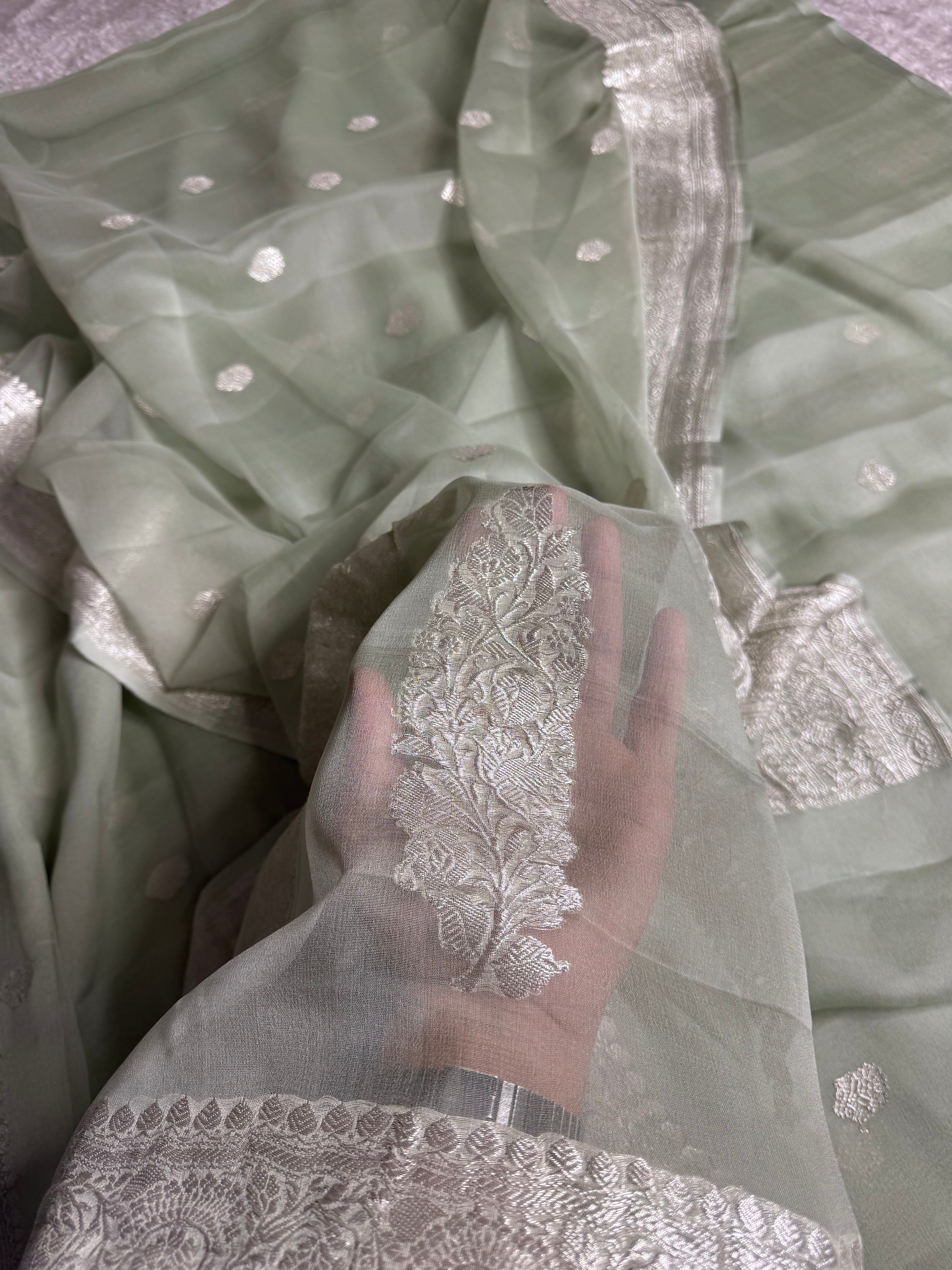 Pista Green Pure Khaddi Chiffon Silk Banarasi Saree