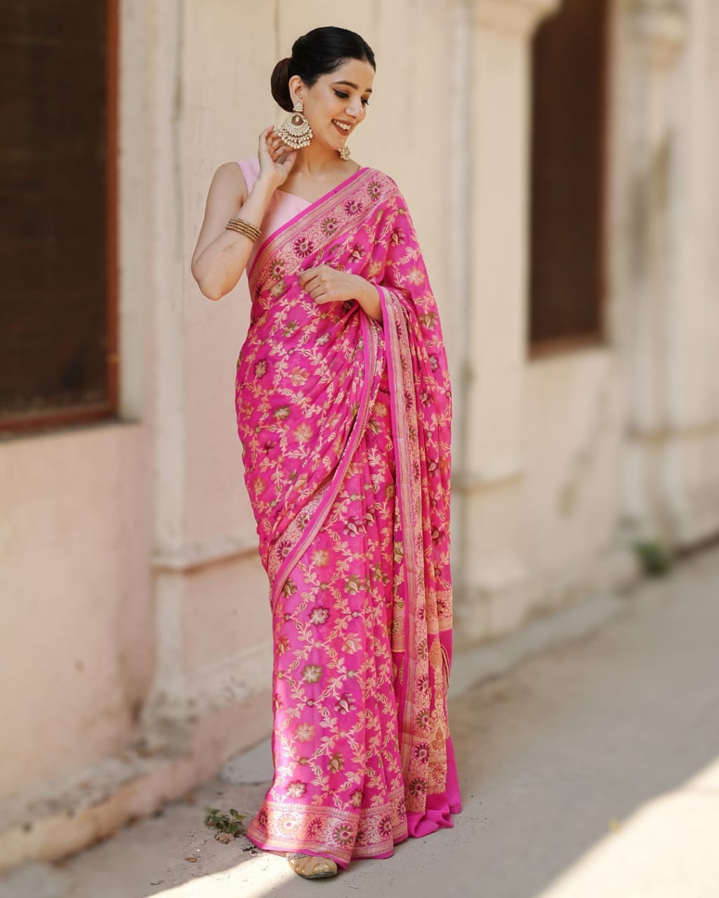 Pink Pure Chiffon Silk Banarasi Saree