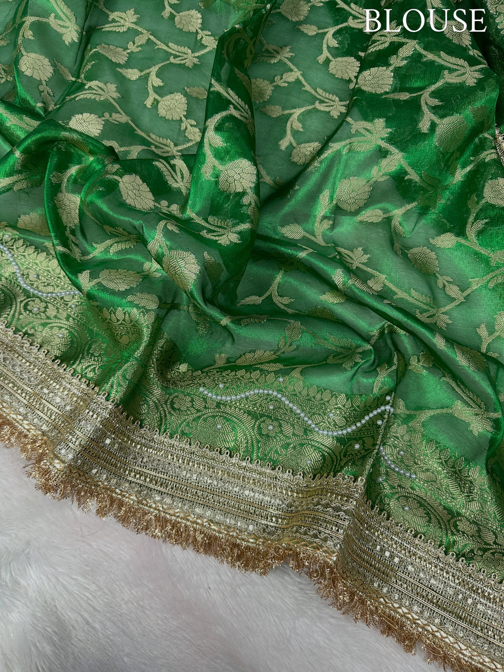 Emerald Green Tissue Silk Banarasi Saree with Pearl Work & Designer Lace Border